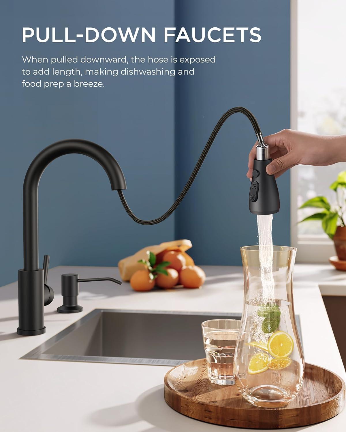 Black Kitchen Faucets With Soap Dispenser, Kitchen Faucet With Pull Down Sprayer