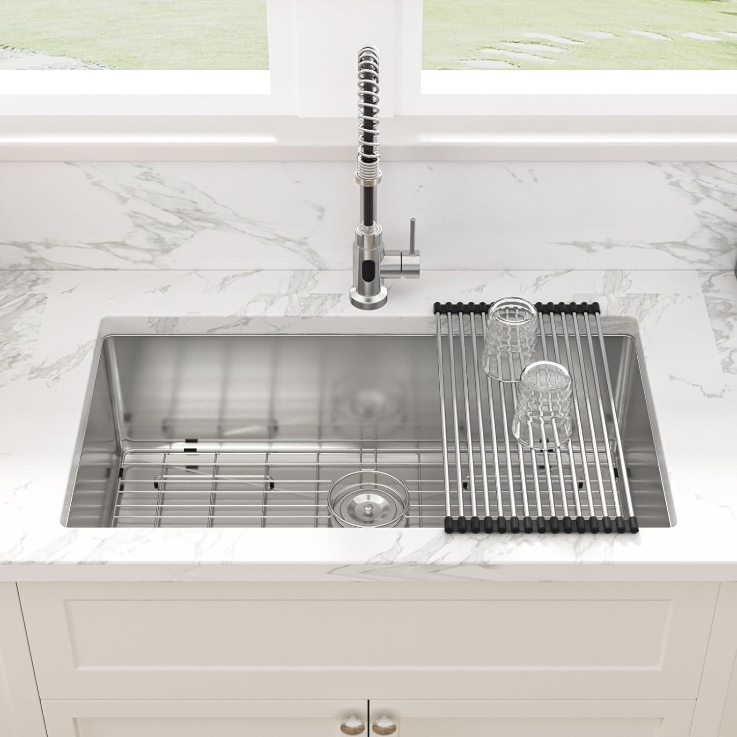 Sarlai 27 Undermount Kitchen Sink - 27 x 18 Kitchen Sink Undermount Single Bowl 16 Gauge Stainless Steel Under Counter Kitchen Sinks Round Corner Basin