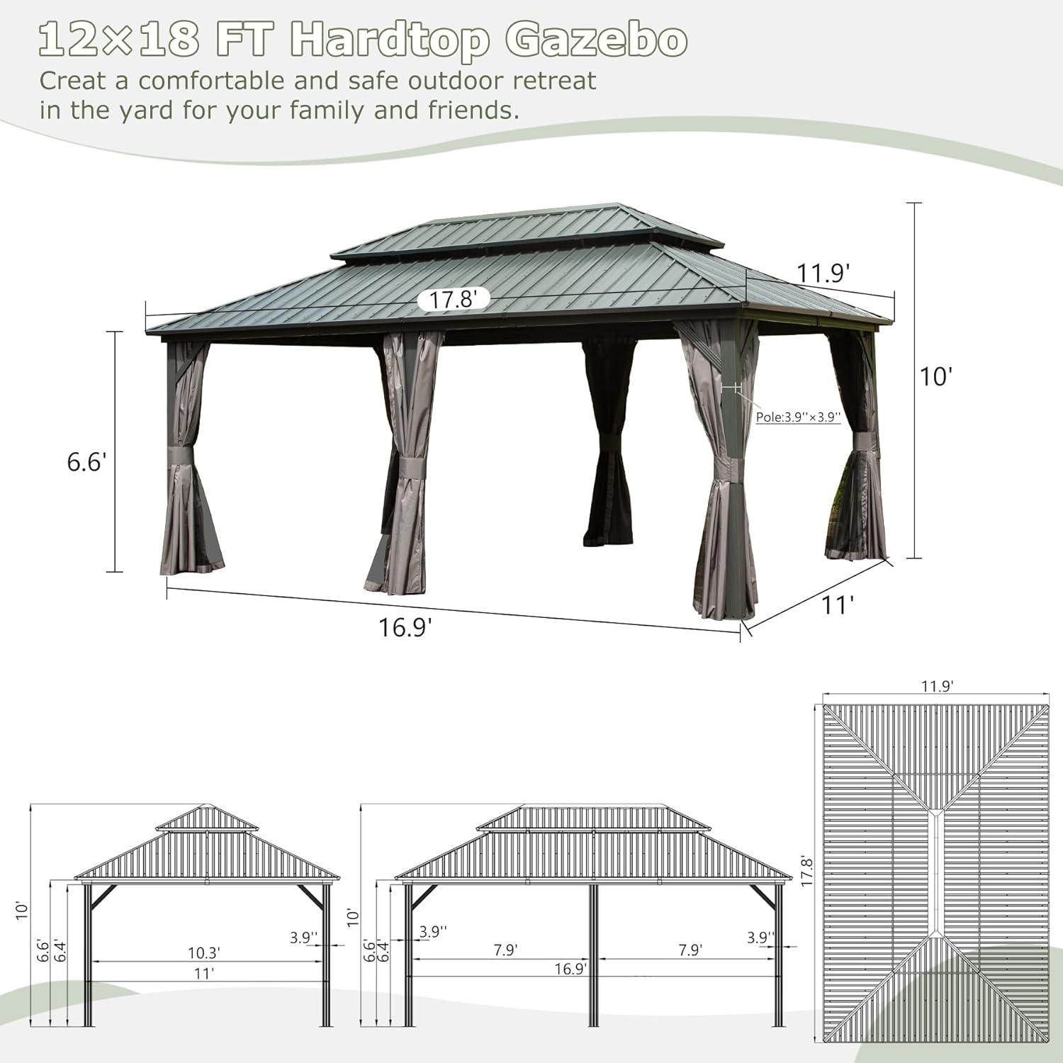 Domi 12' x 18' Gray Aluminum and Steel Hardtop Gazebo