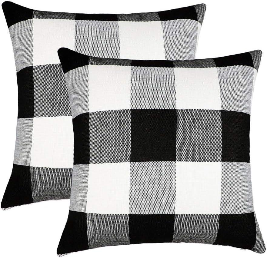 Syntus Set of 2 Buffalo Check Throw Pillow Covers Farmhouse Outdoor Plaid Square Pillow Cushion Case Black and White Polyester Linen for Christmas Thanksgiving Decor Car Bed Sofa, 18 x 18 inches