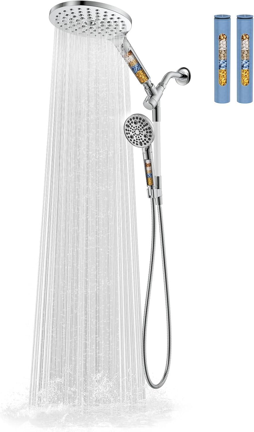 Dual Handheld Shower Head Combo, 2-in-1 Rain Shower Heads System 8 Inch Rainfall Shower Head and 10 Modes High Pressure Hand Held Showerhead with Built-in Power Wash