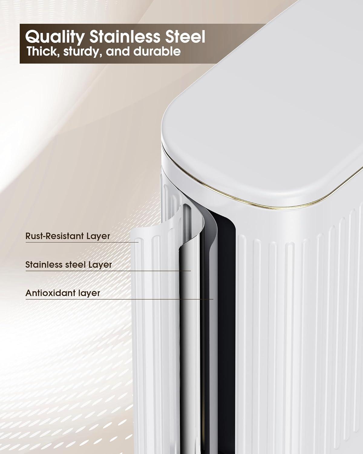 Silver Bathroom Trash Can with Lid-10L/2.6 Gallon Stainless Steel Step Slim Garbage Can-Rectangle Pedal Trash Bin for Narrow Office, Kitchen, Bedroom, Toilet-Soft Close