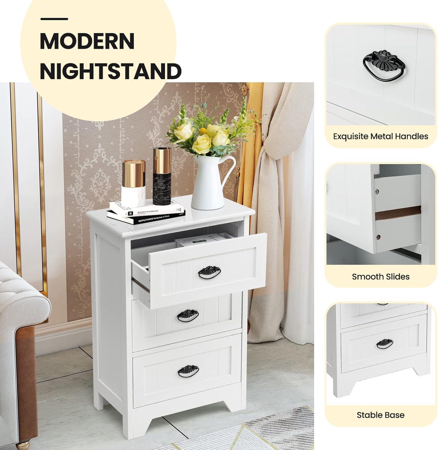 Elegant White 3-Drawer Nightstand with Vintage Metal Handles