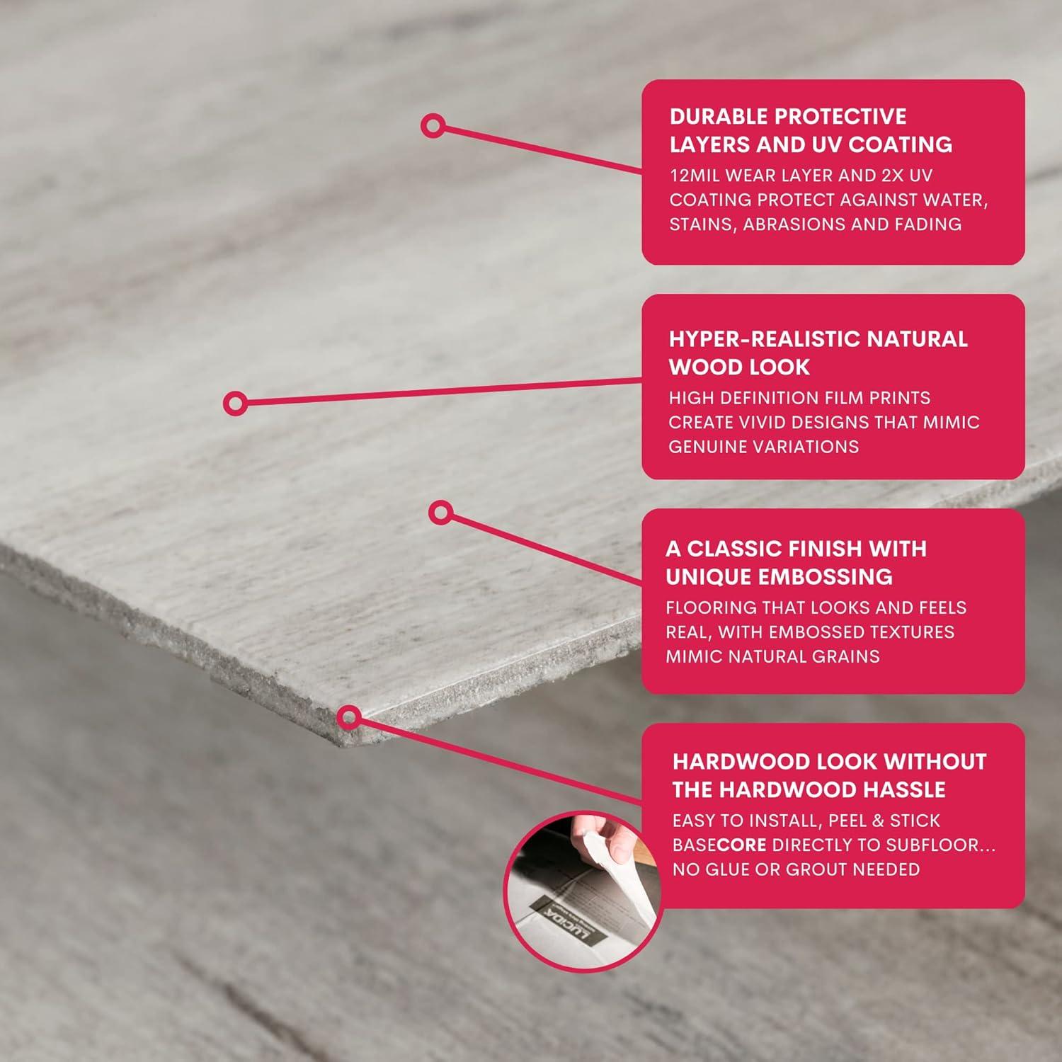 BaseCore 12mil x 6" W x 36" L Peel and Stick Luxury Vinyl Plank Flooring