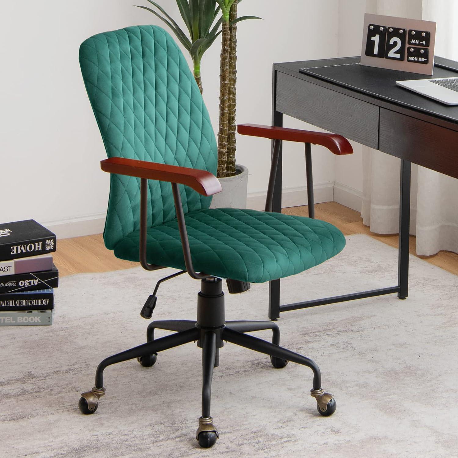 Costway Velvet Home Office Chair Swivel Adjustable Task Chair w/ Wooden Armrest