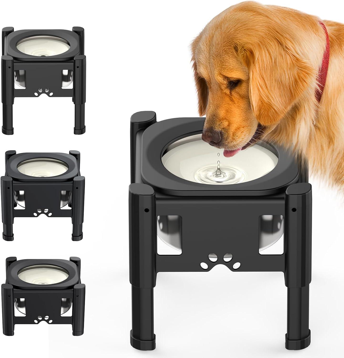 Adjustable Black Elevated Dog Water Bowl with Slow Feeder