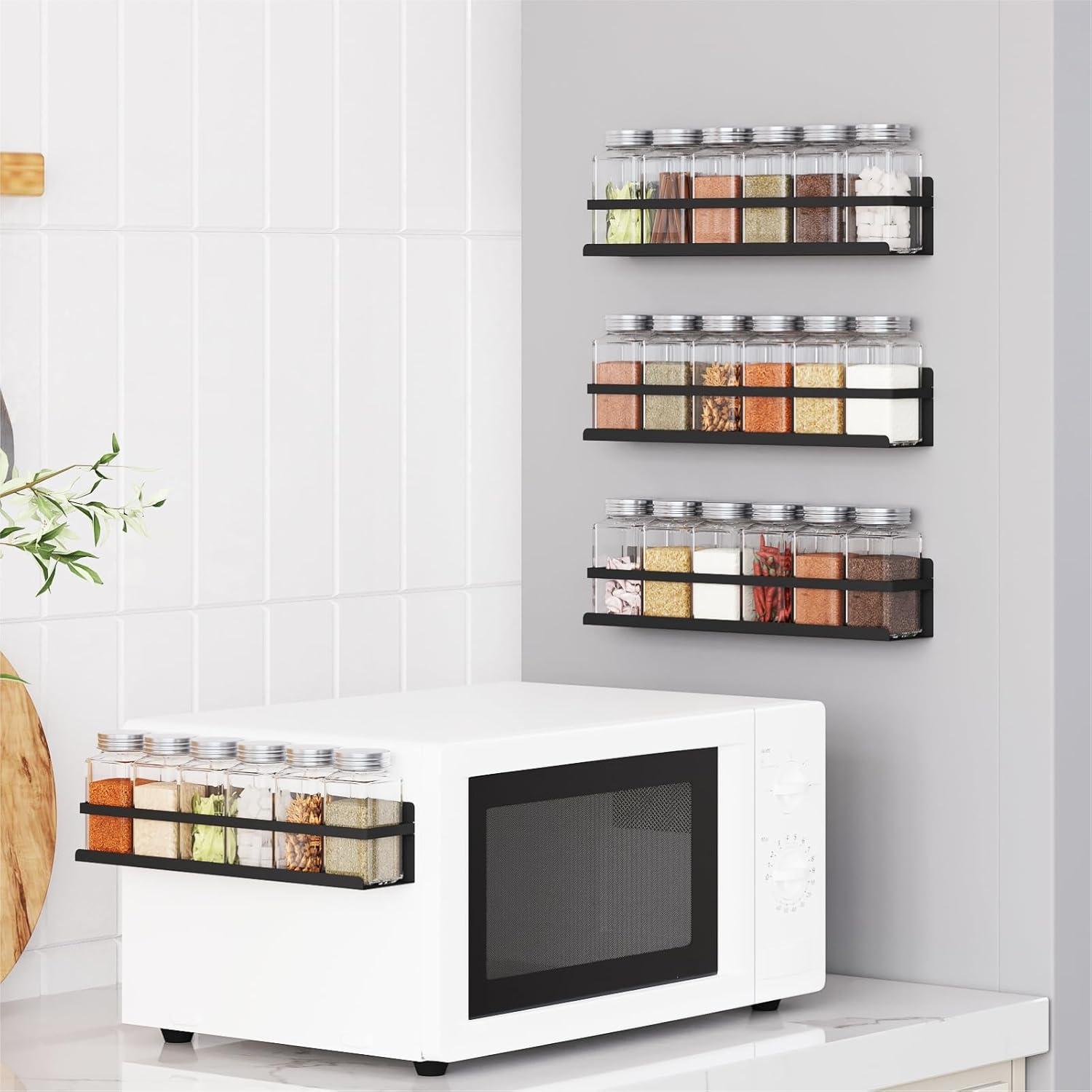 Magnetic Spice Rack for Refrigerator Magnetic Fridge Shelf for Kitchen Spice Organizer Magnetic Shelf for Fridge Space Saving Black 4 Pack with Magnetic Paper Towel Holder