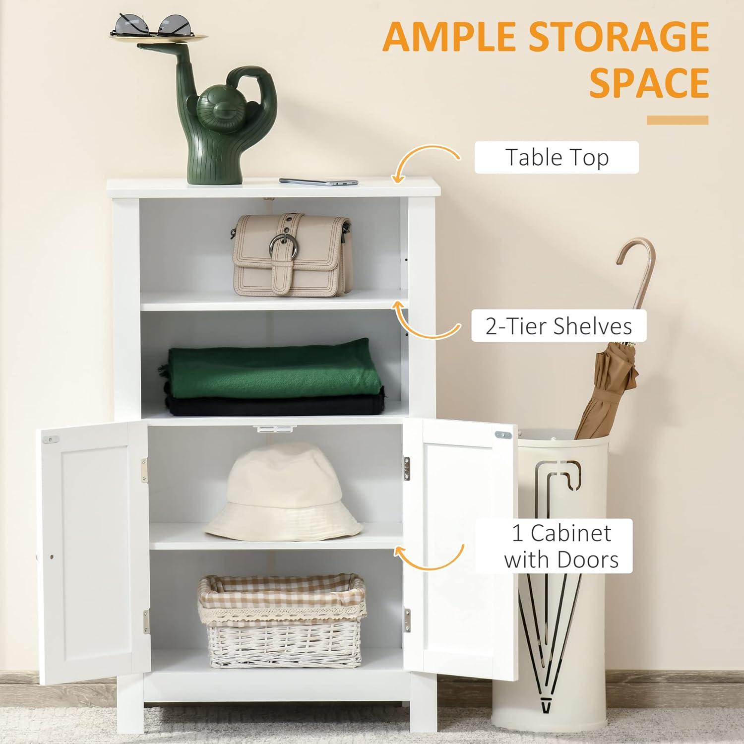 kleankin Bathroom Floor Storage Cabinet, Freestanding Linen Cabinet with Double Doors and 2 Adjustable Shelves, White