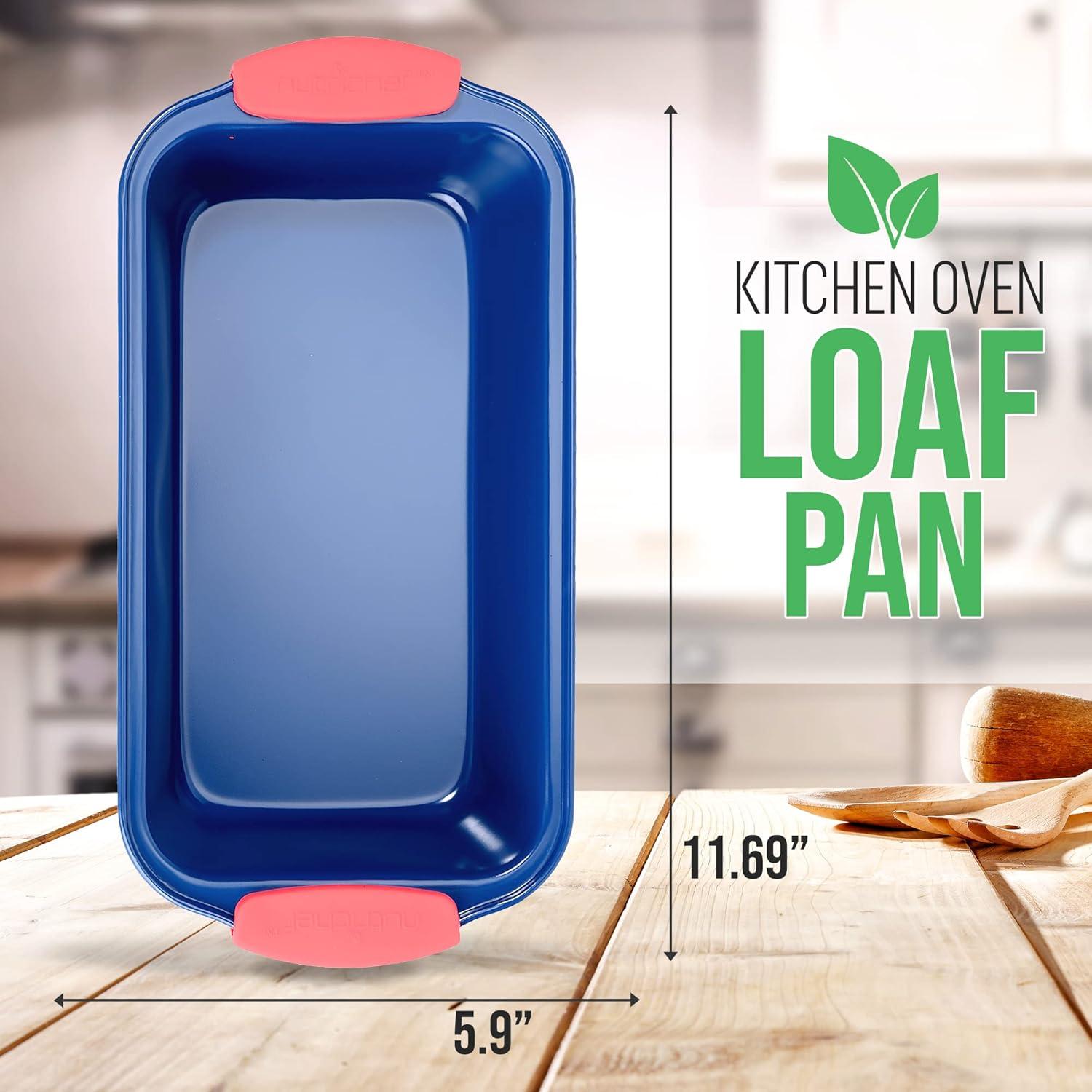 NutriChef Non-Stick Loaf Pan - Deluxe Nonstick Blue Coating Inside and Outside with Red Silicone Handles