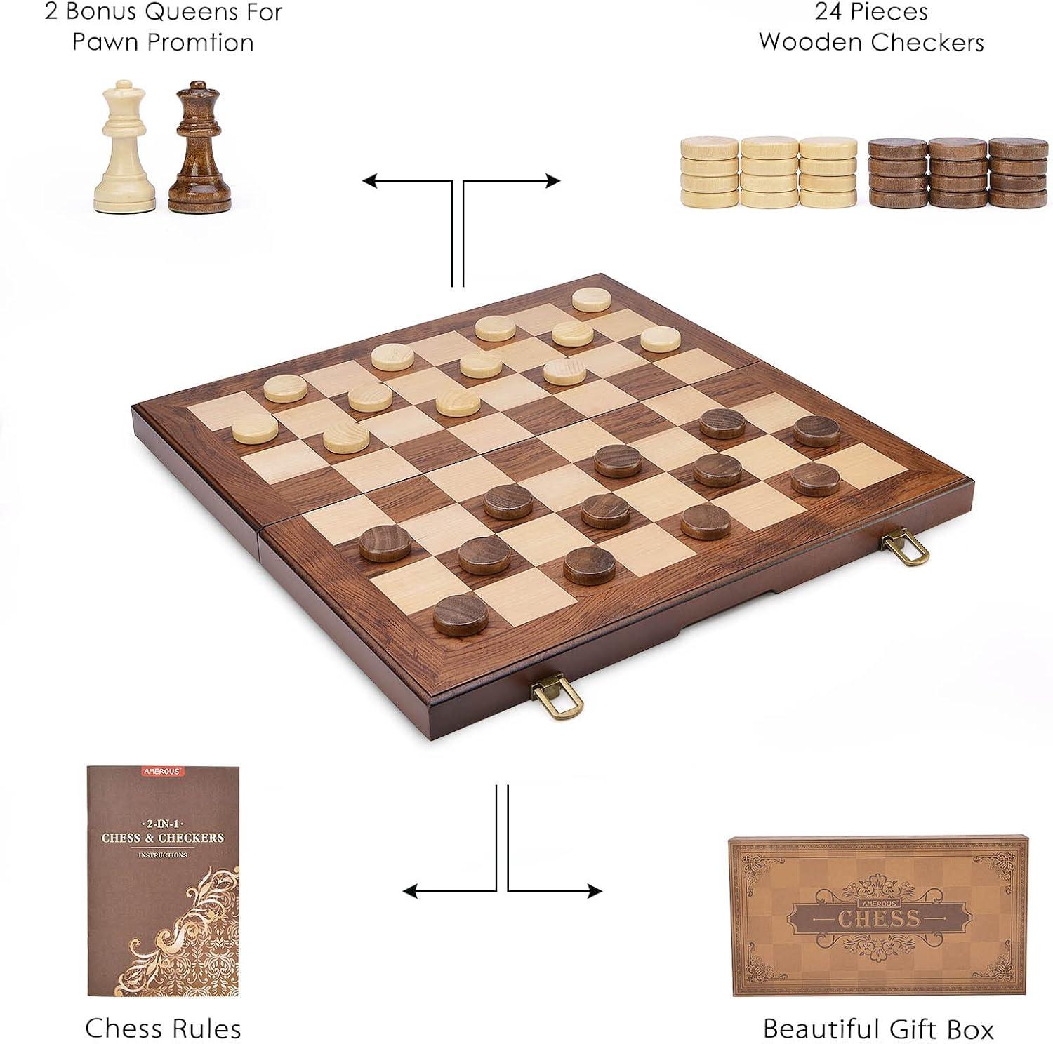 KiddiTouch 15 inch Magnetic Wooden Chess Set 2 in 1 Folding Chess Board Travel Chess Games for Adults and Kids-2 Extra Queen Pieces