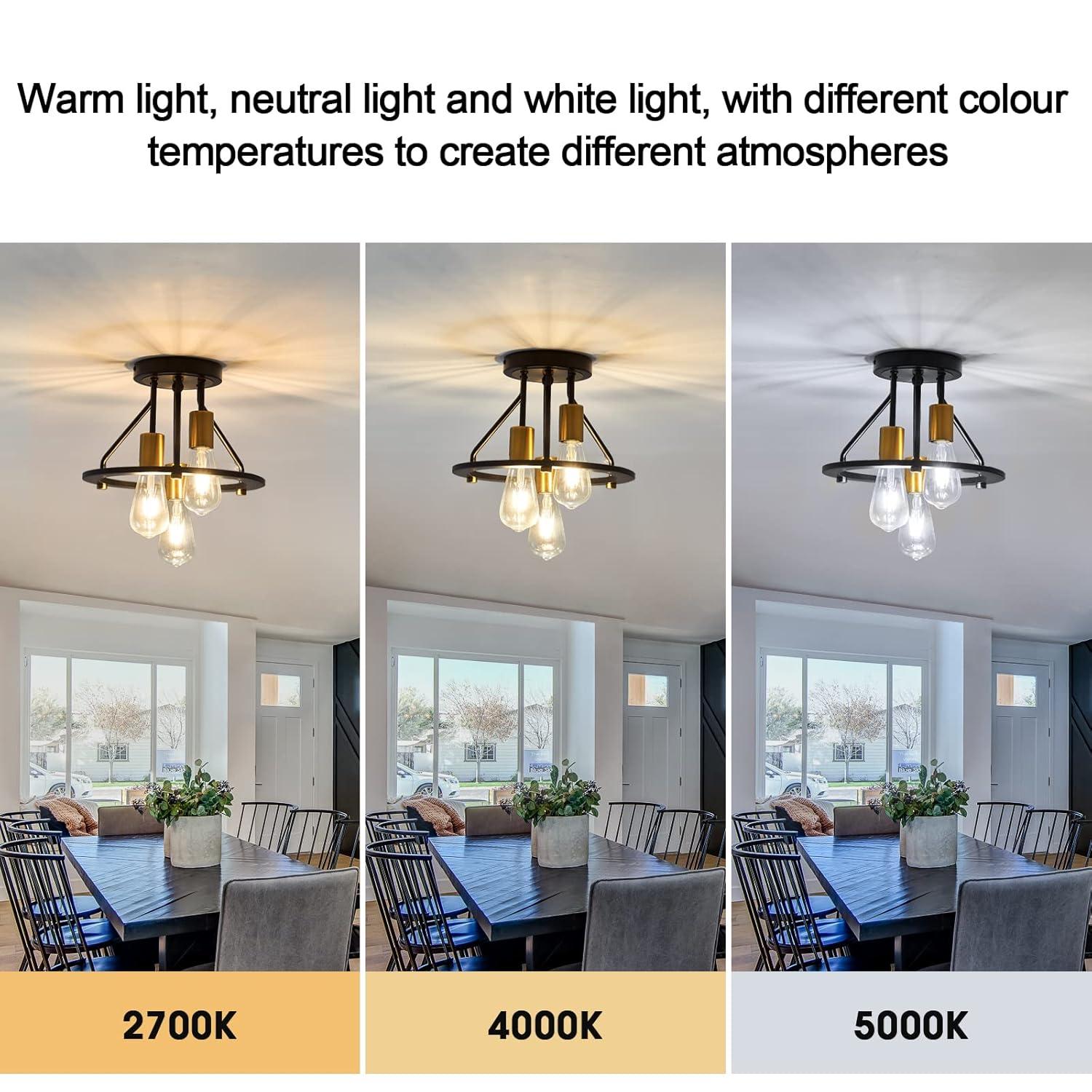 Industrial Semi Flush Mount Ceiling Light Fixture 3-Light Matte Black and Gold Chandelier E26 Farmhouse Ceiling Lamp for Entryway Hallway Bedroom Passway Balcony