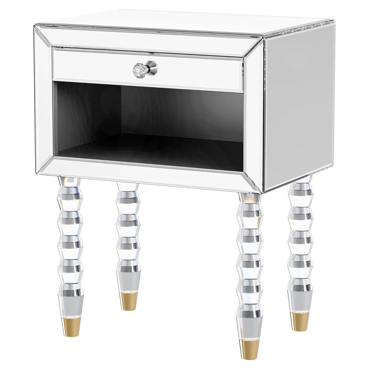 Mirrored Nightstand, Modern End Table with Drawer, Bedside Tables with Acrylic Legs for Bedroom, Living Room, Silver