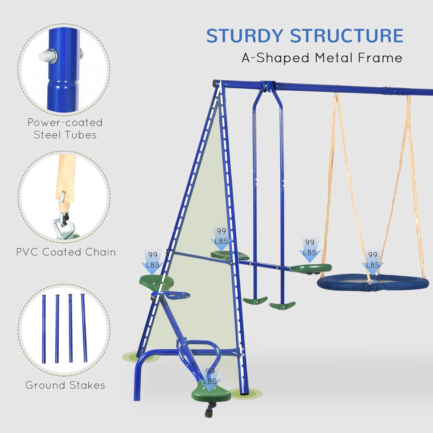 Blue and Green Steel Outdoor Playset with Slide and Swings