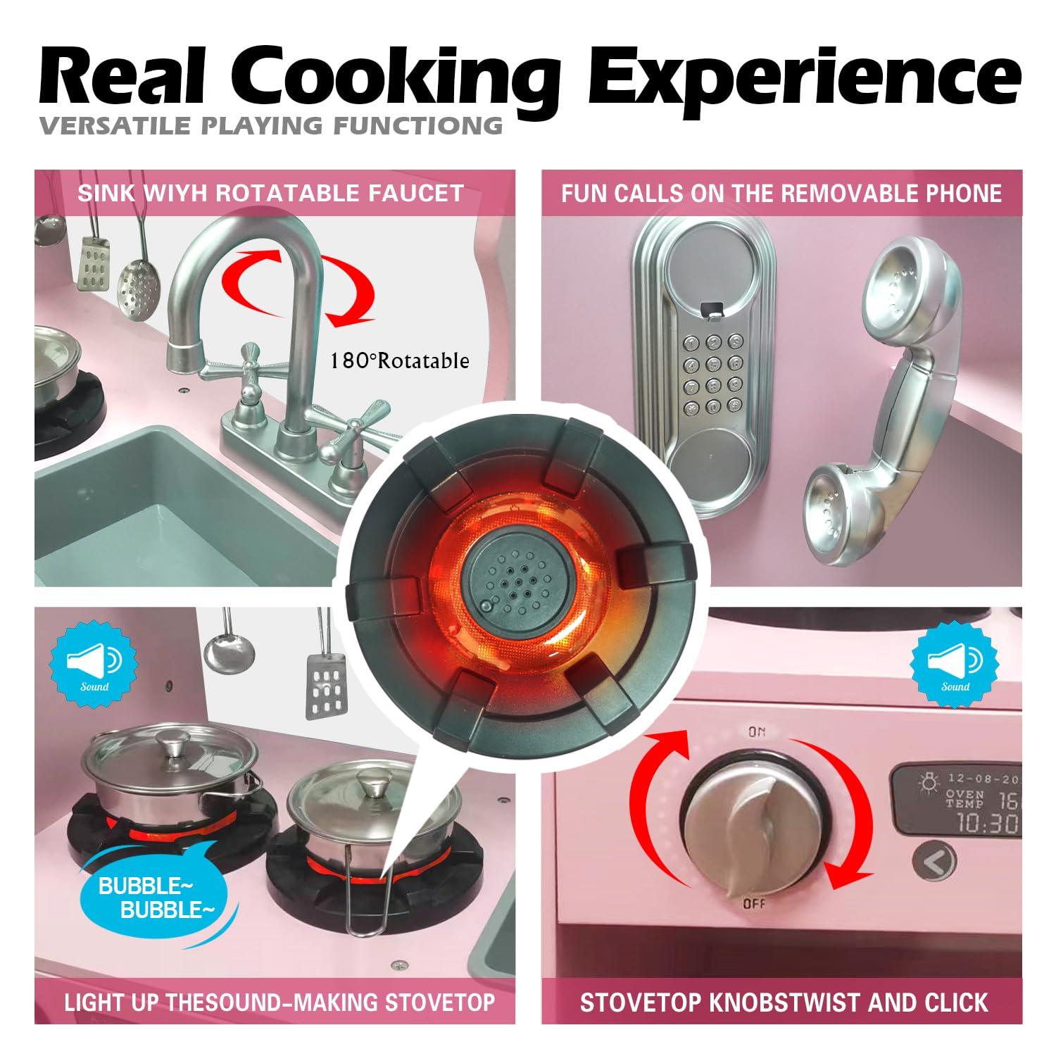 TaoHFE Play Kitchen, Pink Kids Kitchen Set for Girls Kitchen Set for Kids Ages 6-8 Gift Toddler Kitchen Set for Kid Age 3+ Kitchen Playset with Lights & Sounds Wooden Toy Kitchen Playset Gift