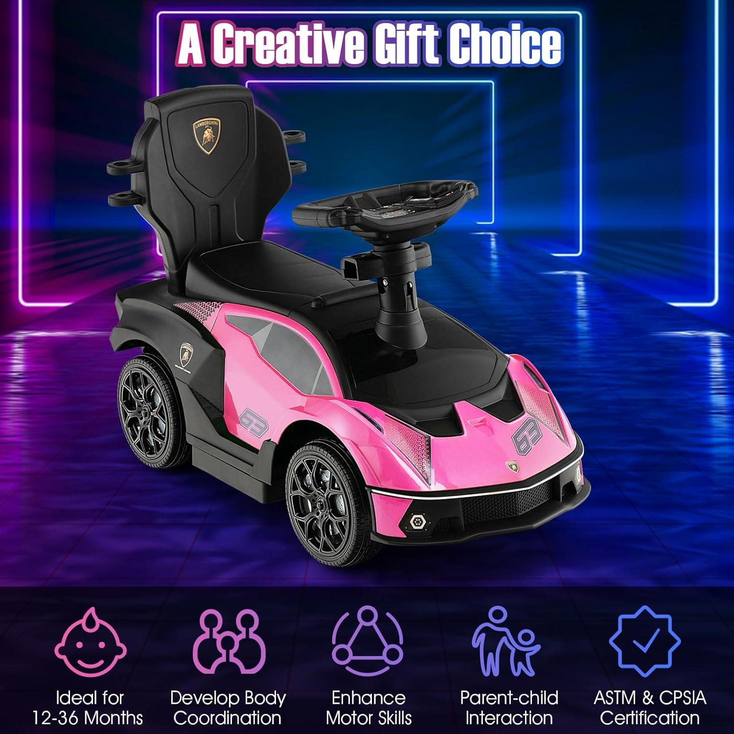 Costway 3-in-1 Licensed Lamborghini Ride on Push Car Stroller Sliding Car w/ Sound Pink