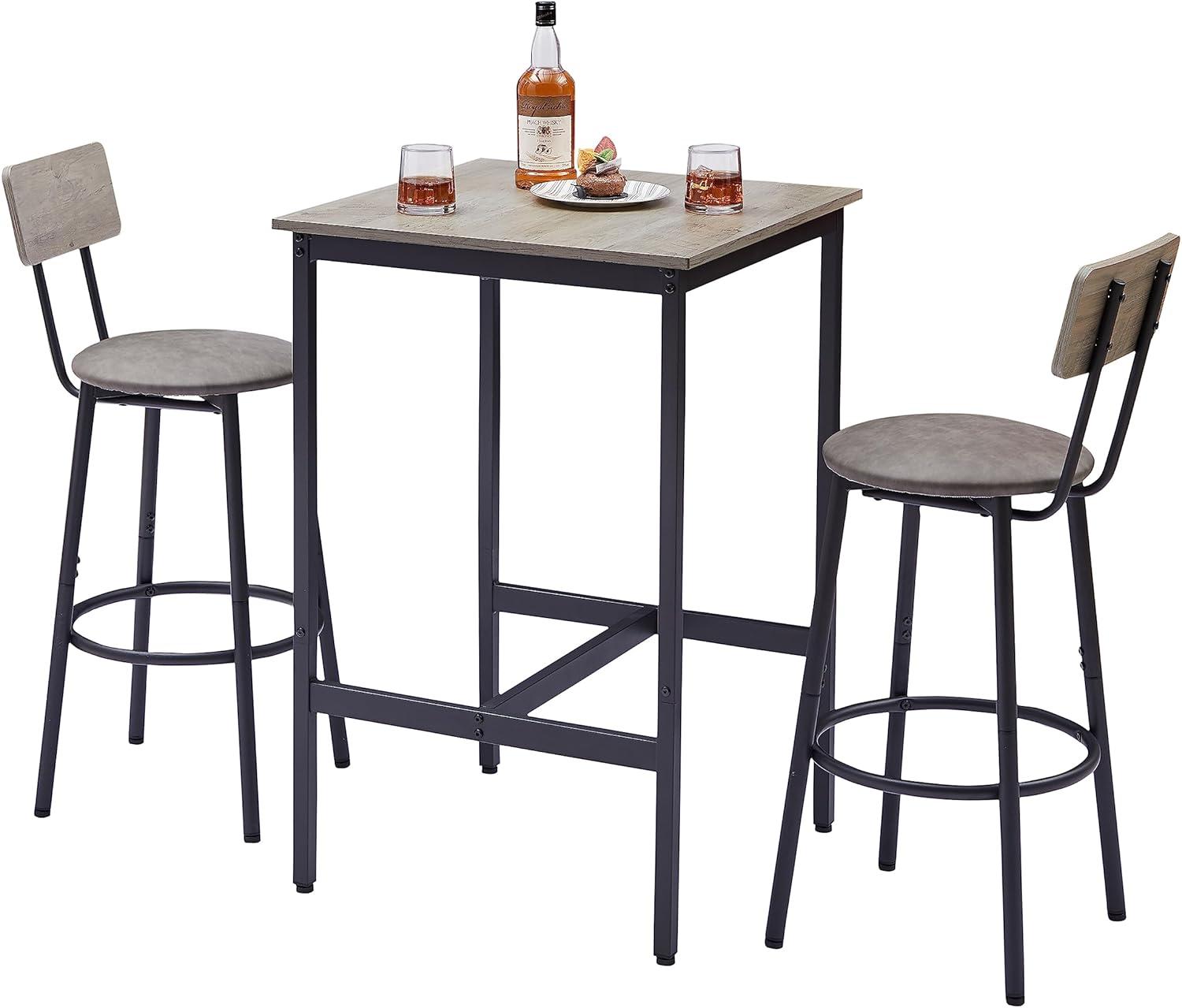 Bar Table and Chairs Set, 3-Piece Small High Top Table and 2 Stools with PU Soft Seat and Backrest, Square Dining Table Set for Small Space Apartment, Grey,23.62'' W x 23.62'' D x 35.43'' H