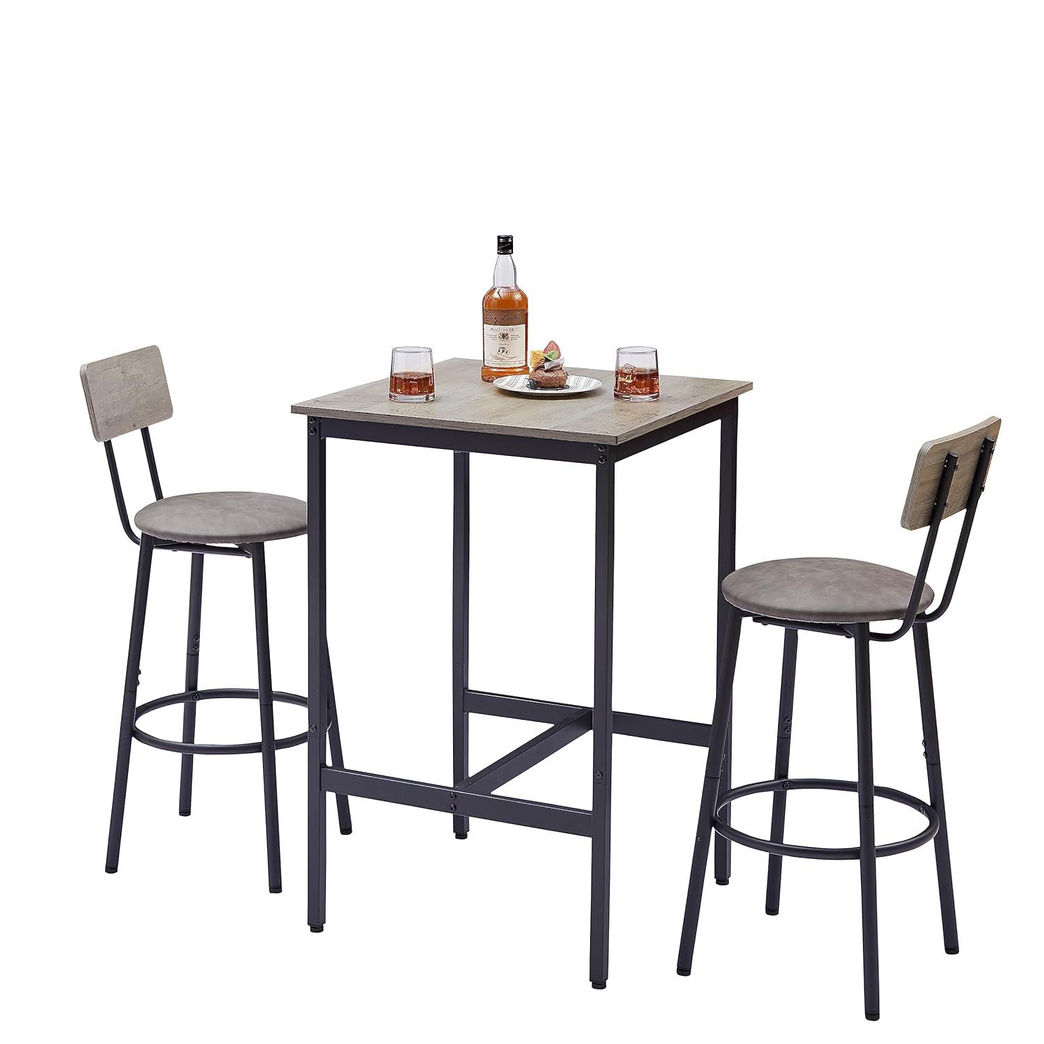 Bar Table and Chairs Set, 3-Piece Small High Top Table and 2 Stools with PU Soft Seat and Backrest, Square Dining Table Set for Small Space Apartment, Grey,23.62'' W x 23.62'' D x 35.43'' H