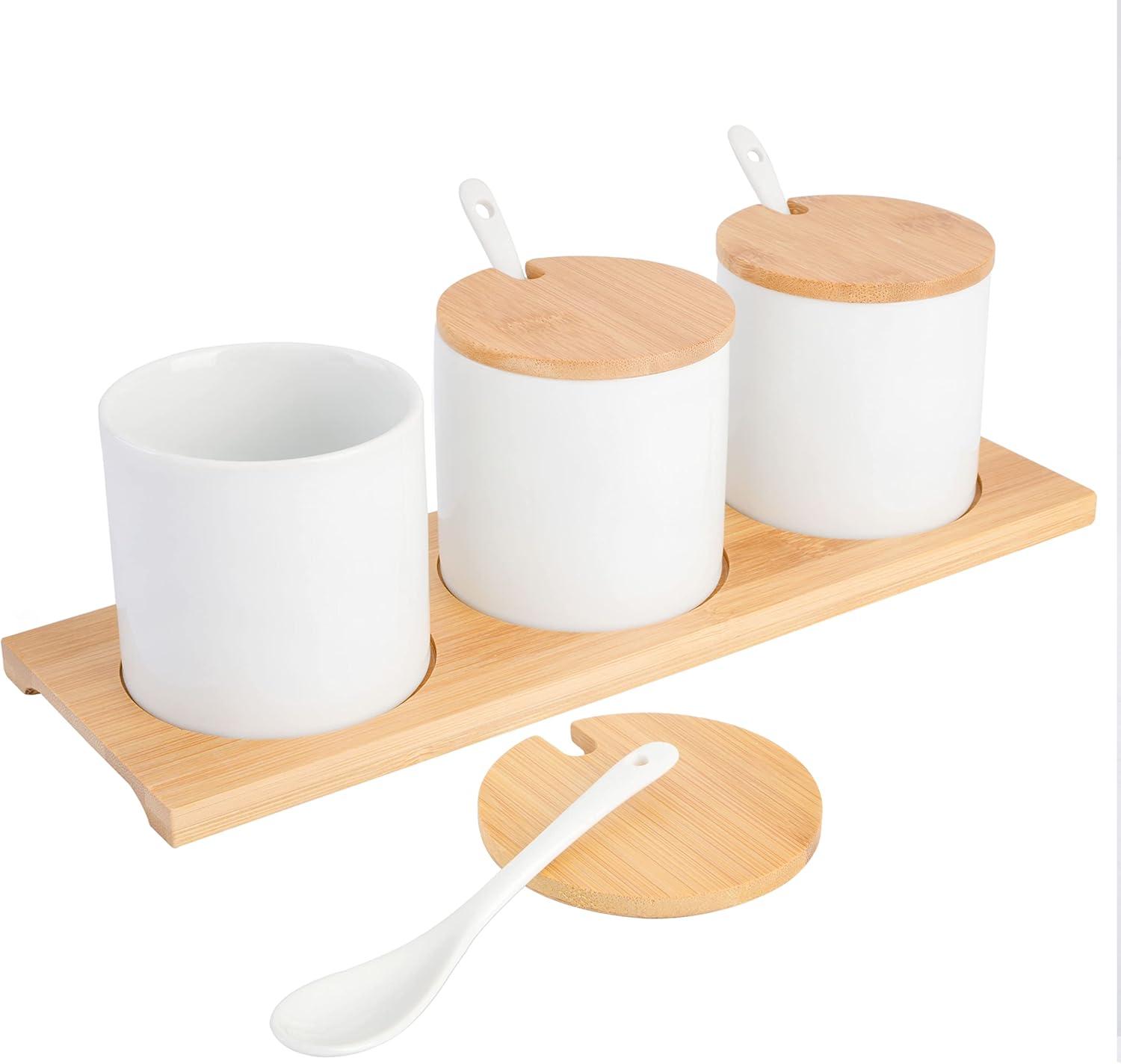 Gibson Gracious Dining 10 Piece Fine Ceramic Condiment Jars with Bamboo Lids and Spoons in White