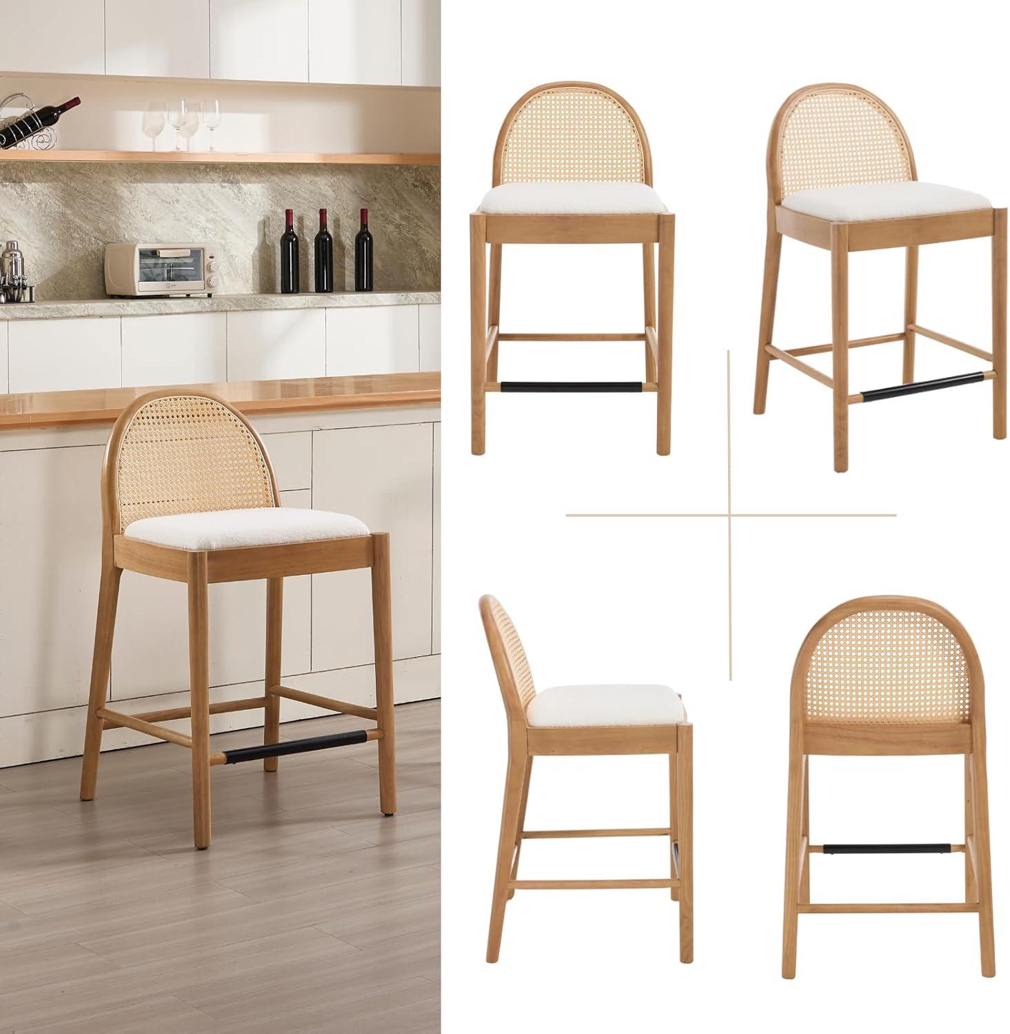 Bayou Breeze Emington Modern Bar Stools Counter Height Bar Stools with Rattan Backrests and Wood Frame (Set of 2)