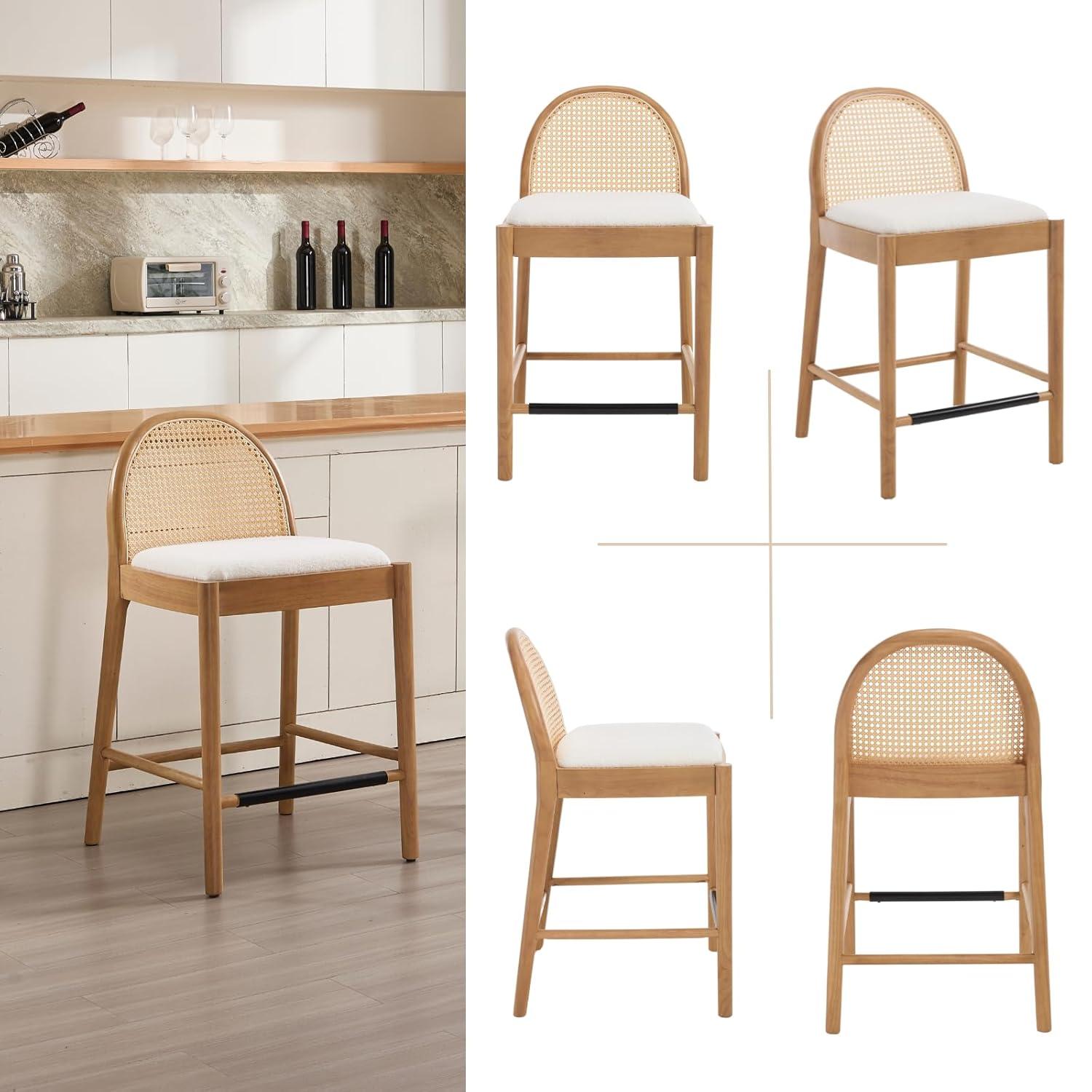 Bayou Breeze Emington Modern Bar Stools Counter Height Bar Stools with Rattan Backrests and Wood Frame (Set of 2)