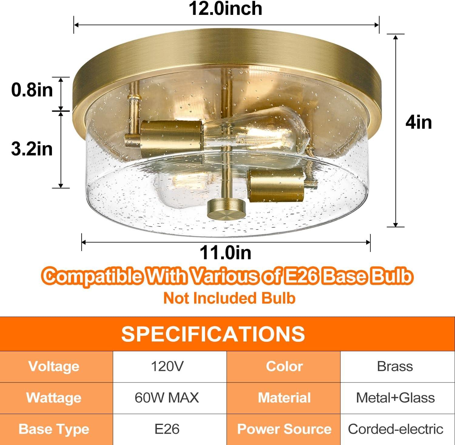 Flush Mount Ceiling Light Fixtures, 2-Light Brass Ceiling Mount for Farmhouse with Seeded Glass Lampshade, Industrial Hall Flush Mount Light Fixture for Hallway, Kitchen, Entryway, Bedroom and Foyer