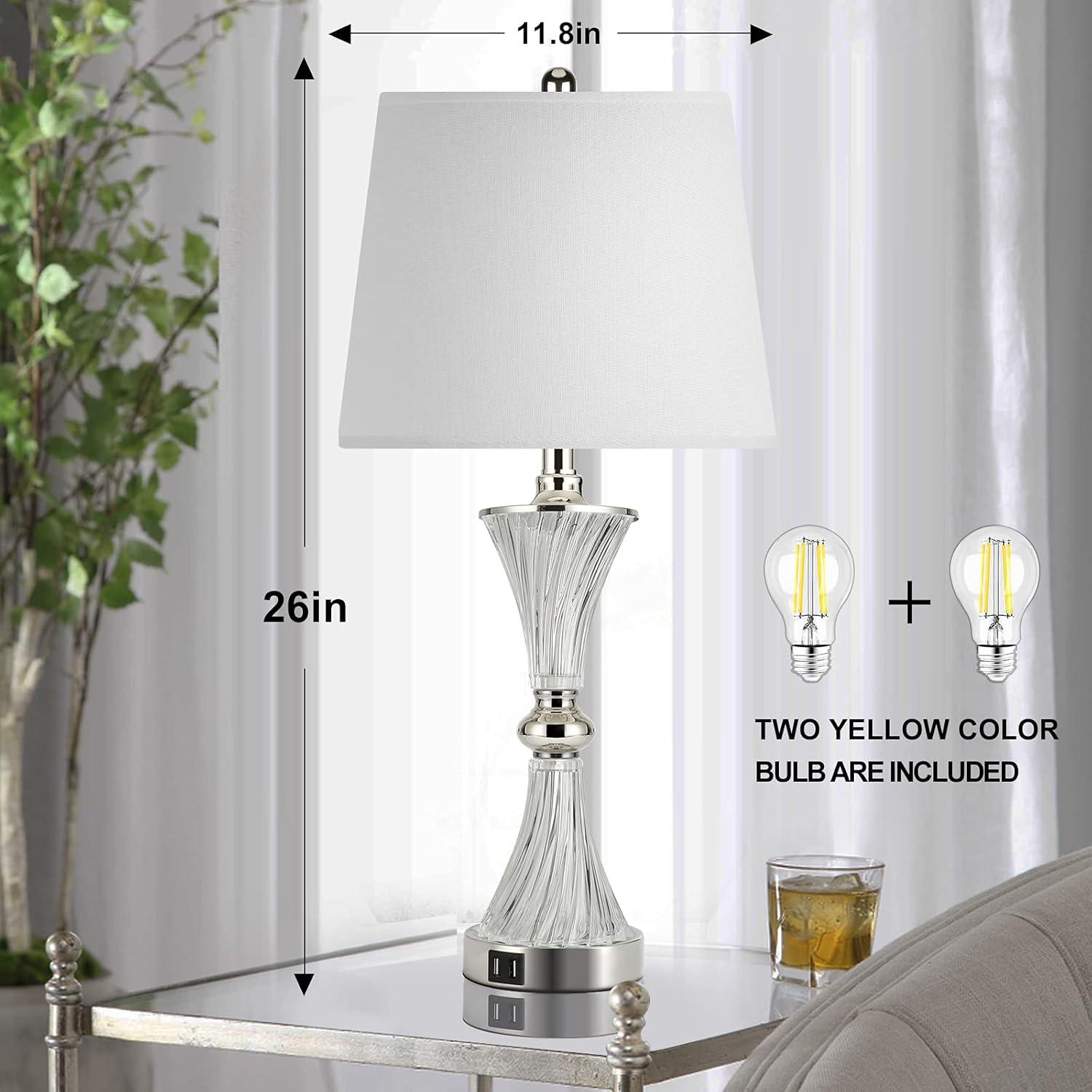 Touch Control Dimmable Table Lamps for Bedrooms, 3-Way Gold Crystal Bedside Lamp with USB Ports, Set of 2 Contemporary End Table Lamps with White Drum Shade for Living Room Reading, LED Bulbs Included