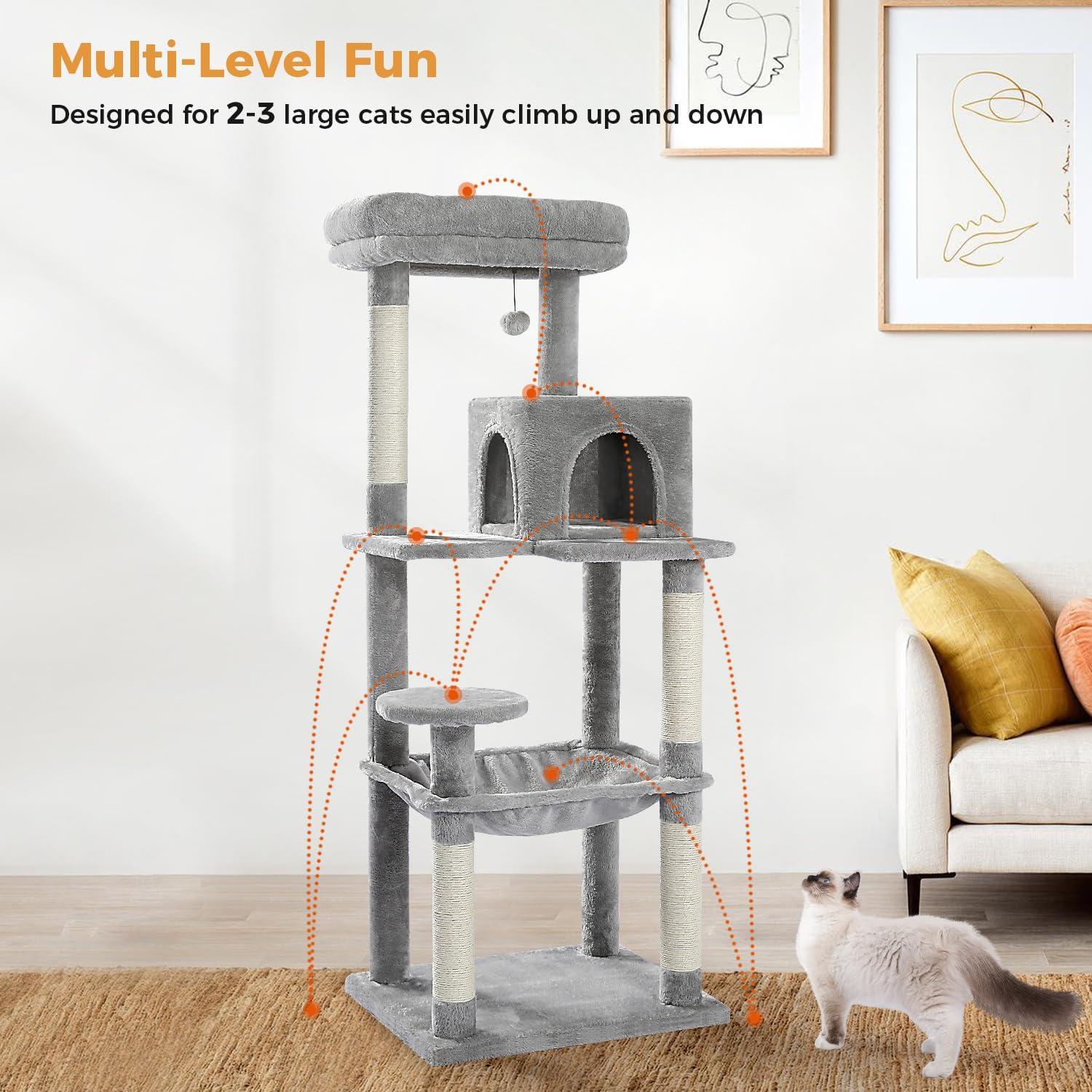 56.3" Indoor Multi-Level Tall Cat Tower With Large Hammock, Scratching Posts, Cozy Condo And Top Perch