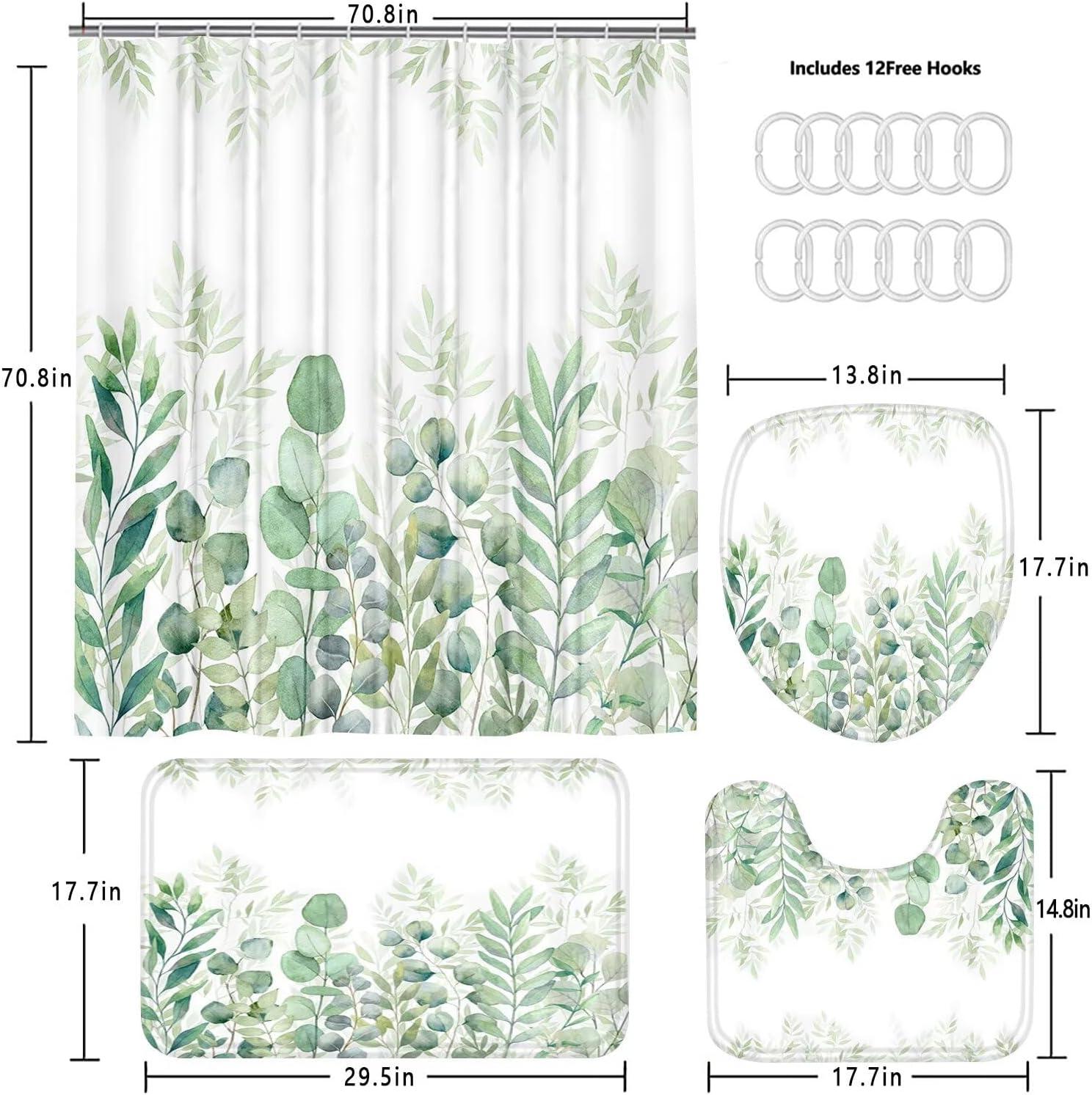 DDQQ Green Leaves Shower Curtain Sets with Non-Slip Rug, Toilet Lid Cover and Bath Mat, Plant Leaves Shower Curtain Sets with 12 Hooks, Shower Curtain for Bathroom Set Decor