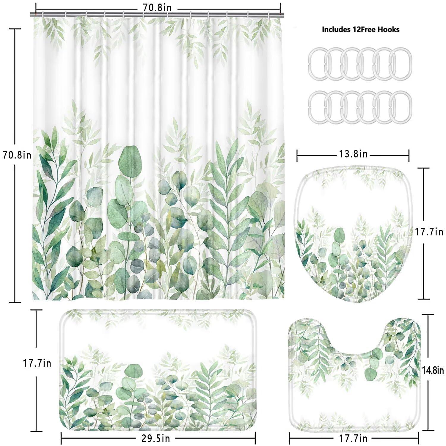 DDQQ Green Leaves Shower Curtain Sets with Non-Slip Rug, Toilet Lid Cover and Bath Mat, Plant Leaves Shower Curtain Sets with 12 Hooks, Shower Curtain for Bathroom Set Decor