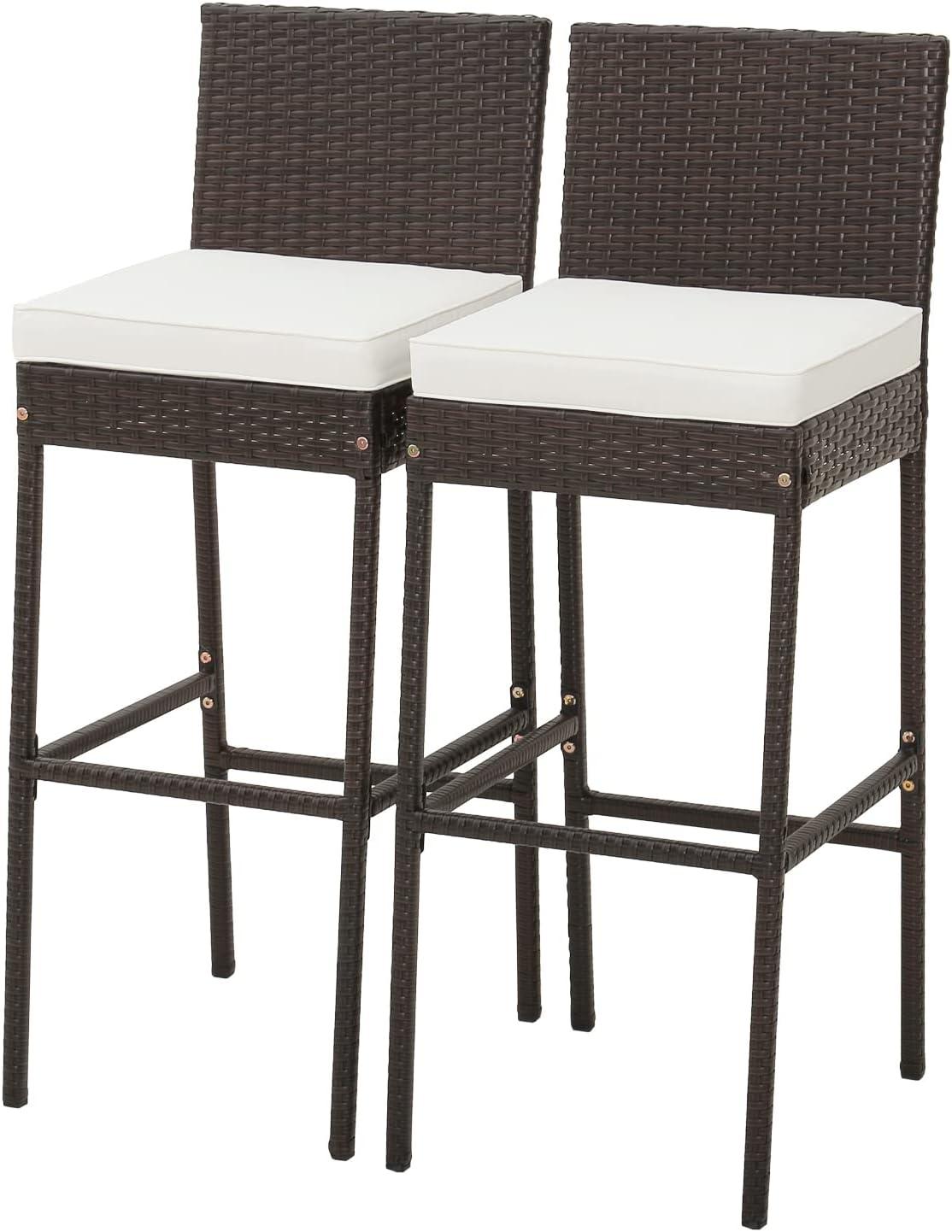 Kepooman Outdoor Bar Stool, 2 Pieces Patio Cushioned Wicker Barstools with Cozy Footrest-Set of 2