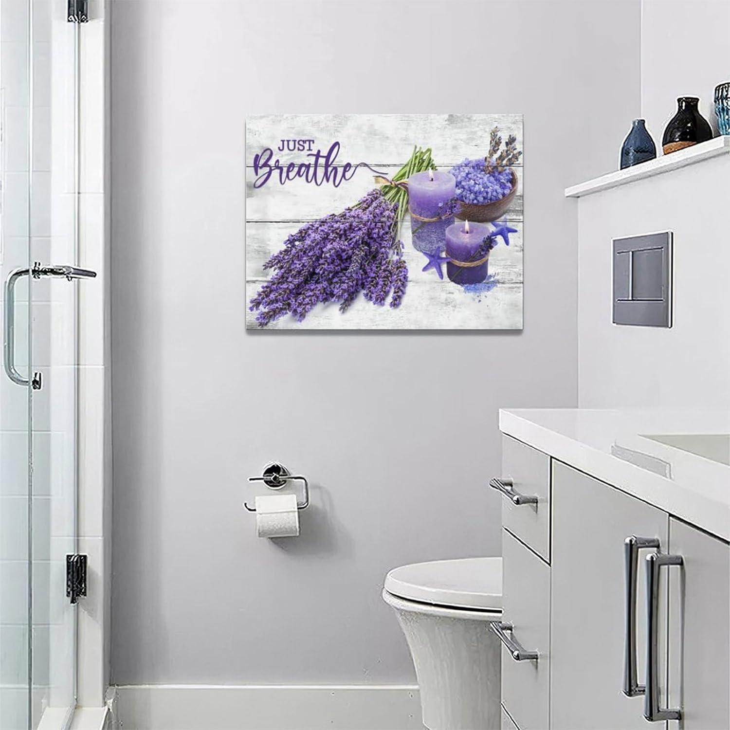 Bathroom Wall Art Lavender Pictures Purple Bathroom Decor Flower Canvas Print Wall Decor Farmhouse Bathroom Decor Wall Art Purple Candles and Lavender Painting Framed Modern Home Artwork Large 16"x12"