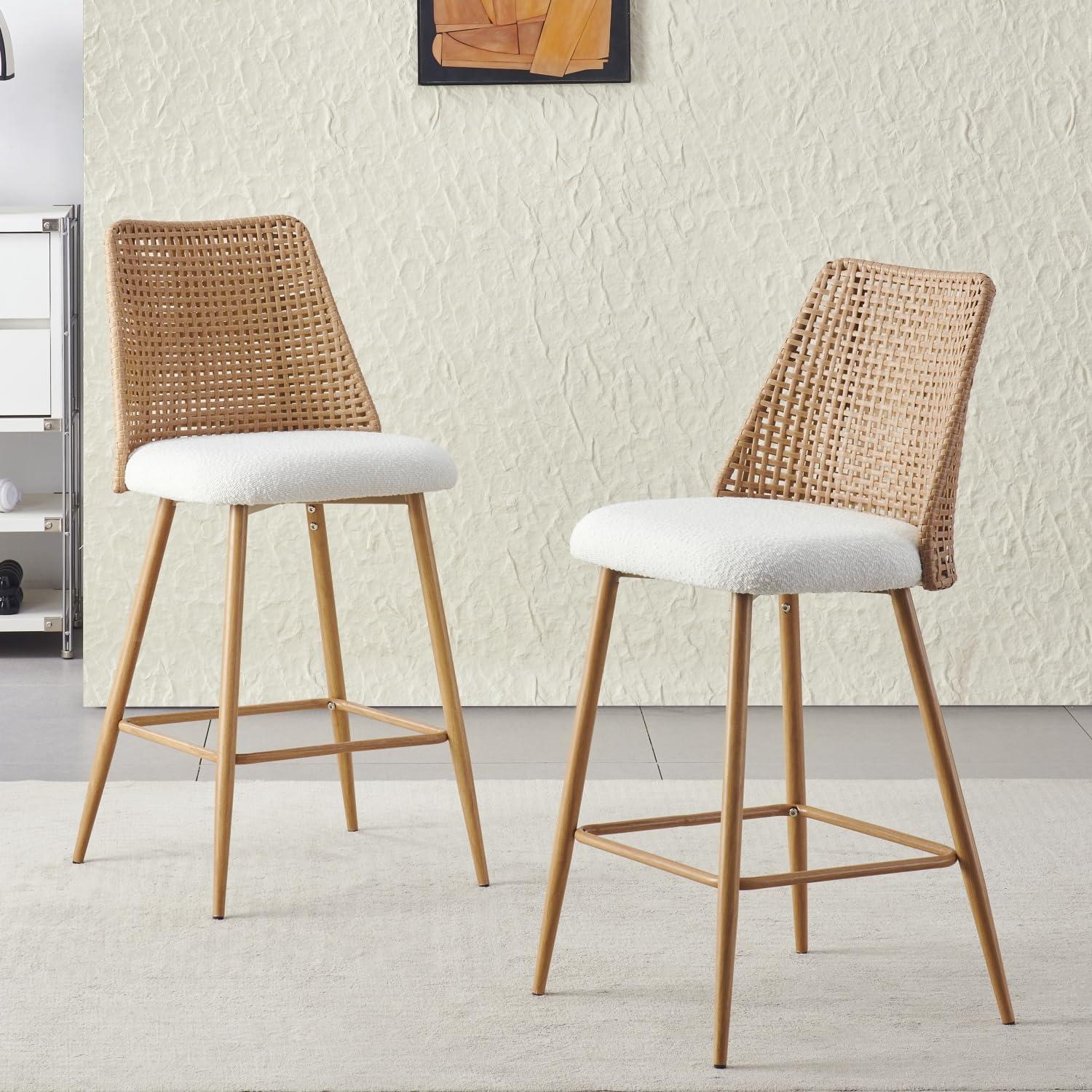 Bay Isle Home™ Rattan Counter Height Bar Stools Set Of 2, Fabric Upholstered Barstools With Pe Rattan Cane Back, Bar Chairs Counter Stools For Kitchen Island,beige White (Set of 2)