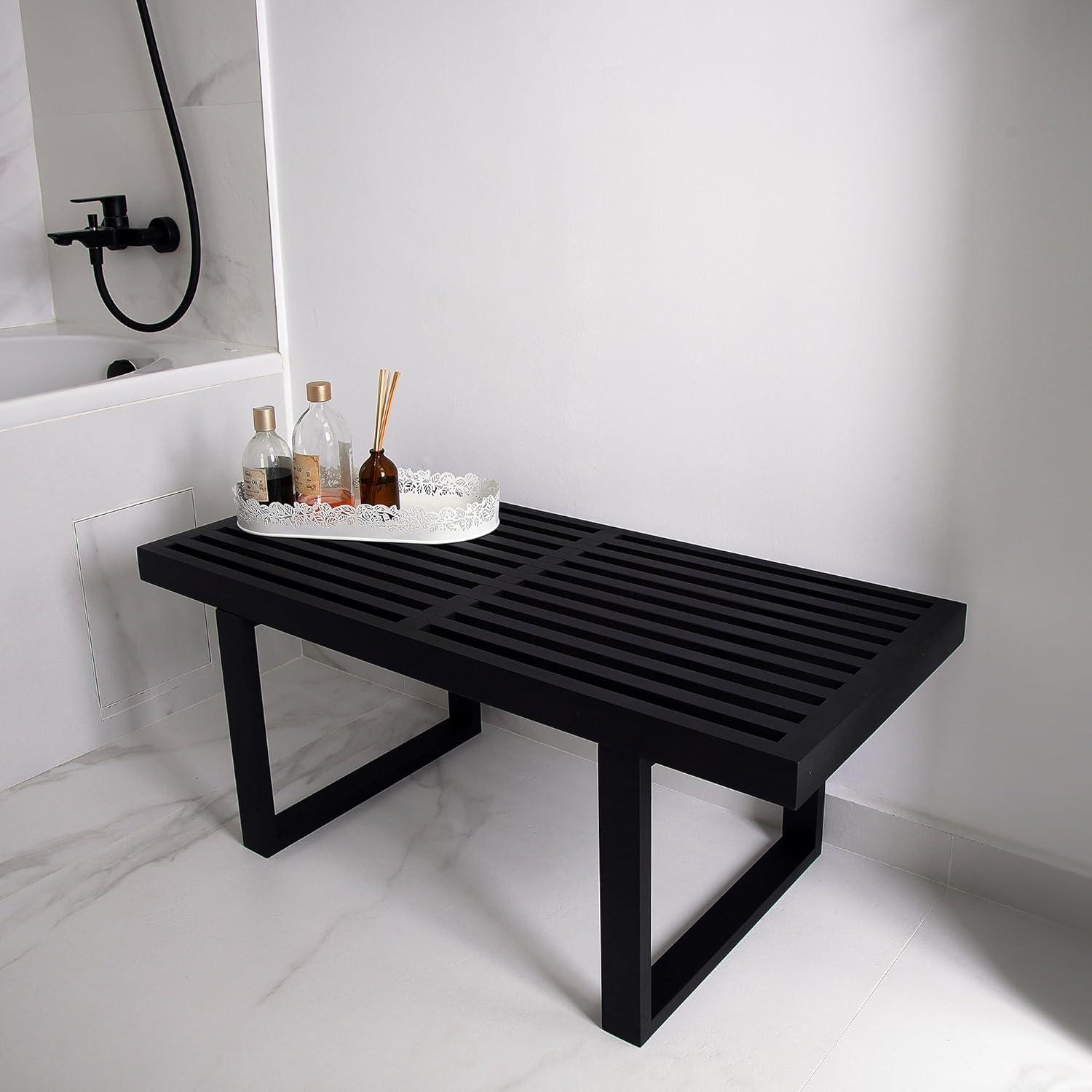 Bamboo Nelson Slat Wooden Bench, Small Wood Benches for Entryway, Living & Dining Room, Kitchen, Bedroom, Bathroom, Hallway, Front Door, For Indoor & Outdoor Patio Use, Mid Century Modern Decor