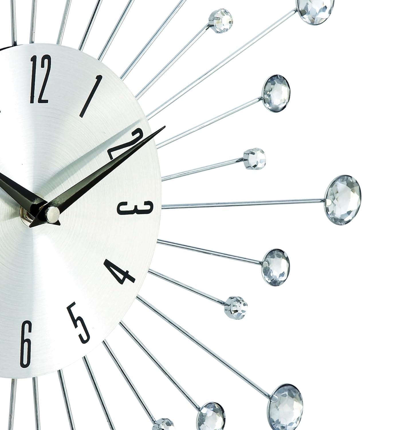 DecMode 15" Silver Metal Starburst Wall Clock with Crystal Accents
