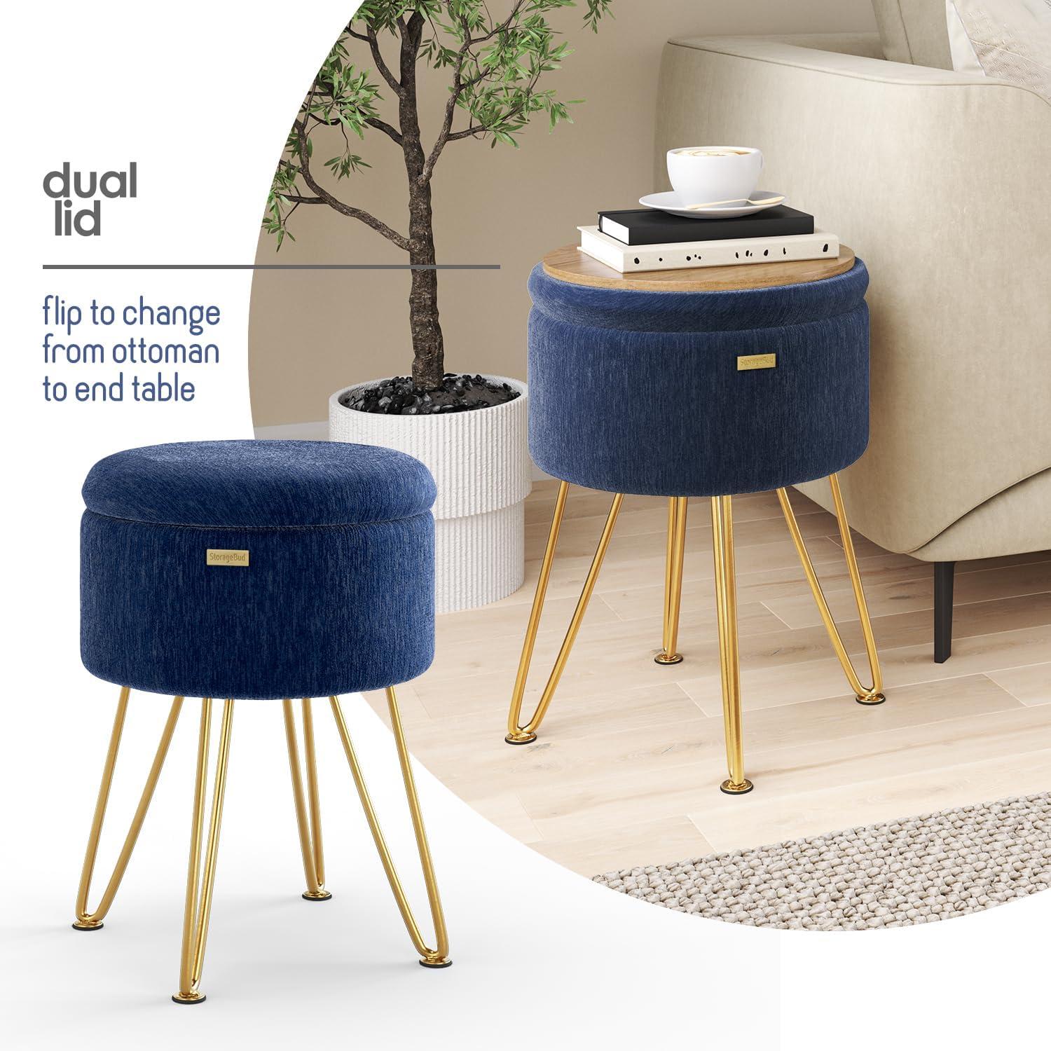 StorageBud Round Ottoman with Storage, Textured Velvet Storage Ottoman, Modern Foot Stool for Living Room and Bedroom - Blue with Gold Legs