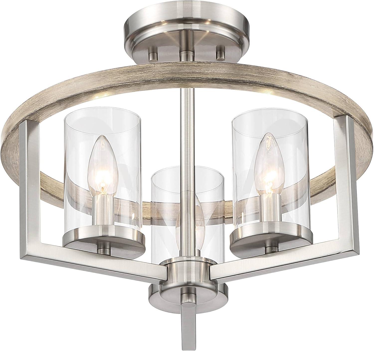 Possini Euro Design Senna Modern Industrial Ceiling Light Semi Flush Mount Fixture 15" Wide Brushed Nickel Gray Wood 3-Light Clear Glass for Bedroom