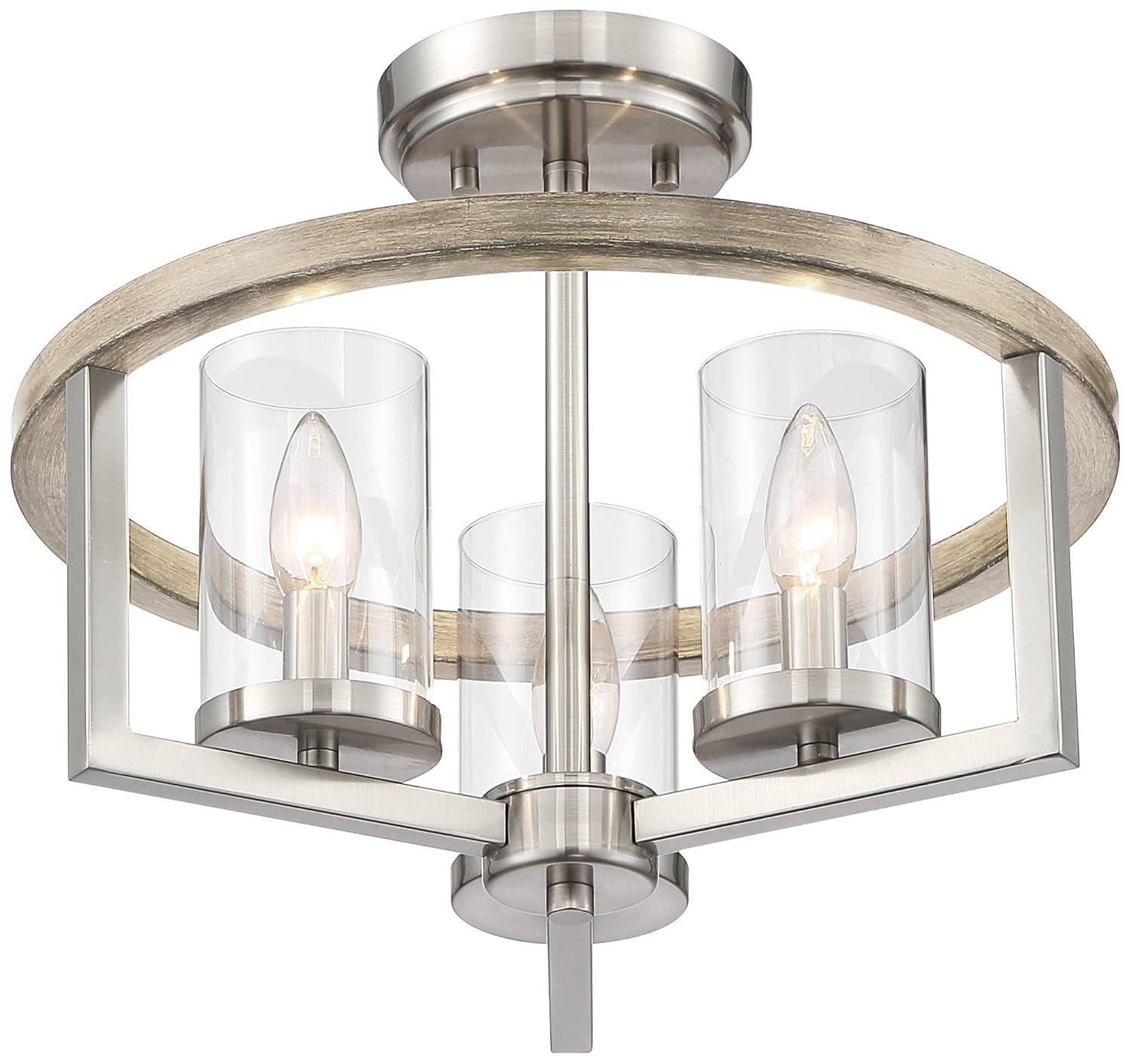 Possini Euro Design Senna Modern Industrial Ceiling Light Semi Flush Mount Fixture 15" Wide Brushed Nickel Gray Wood 3-Light Clear Glass for Bedroom