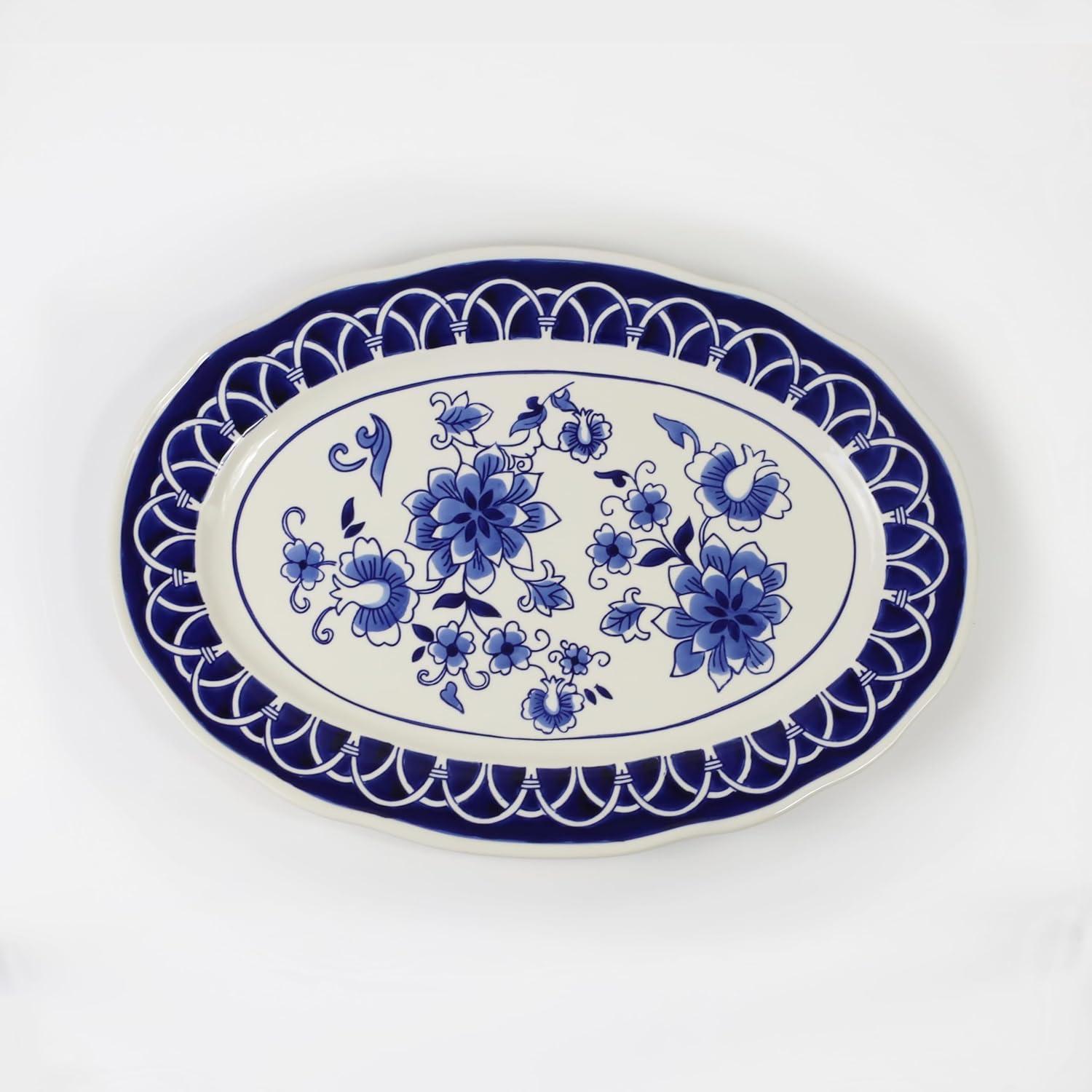 Euro Ceramica  Blue Garden 18" Stoneware Oval Serving Platter - 18.5" x 13.2" x 1.26"