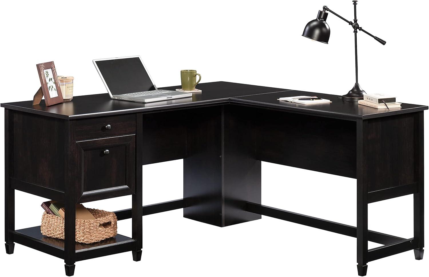 Edge Water2 Drawer L Shaped Desk Estate Black - Sauder: Executive Home Office Furniture with File Storage