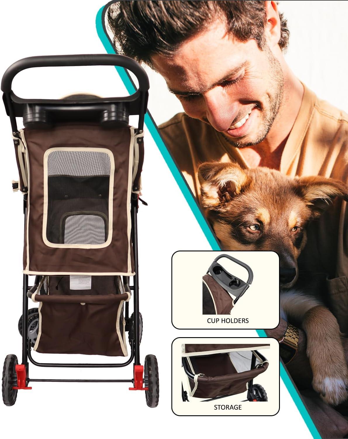 Brown and White Polyester Pet Stroller with Storage Basket