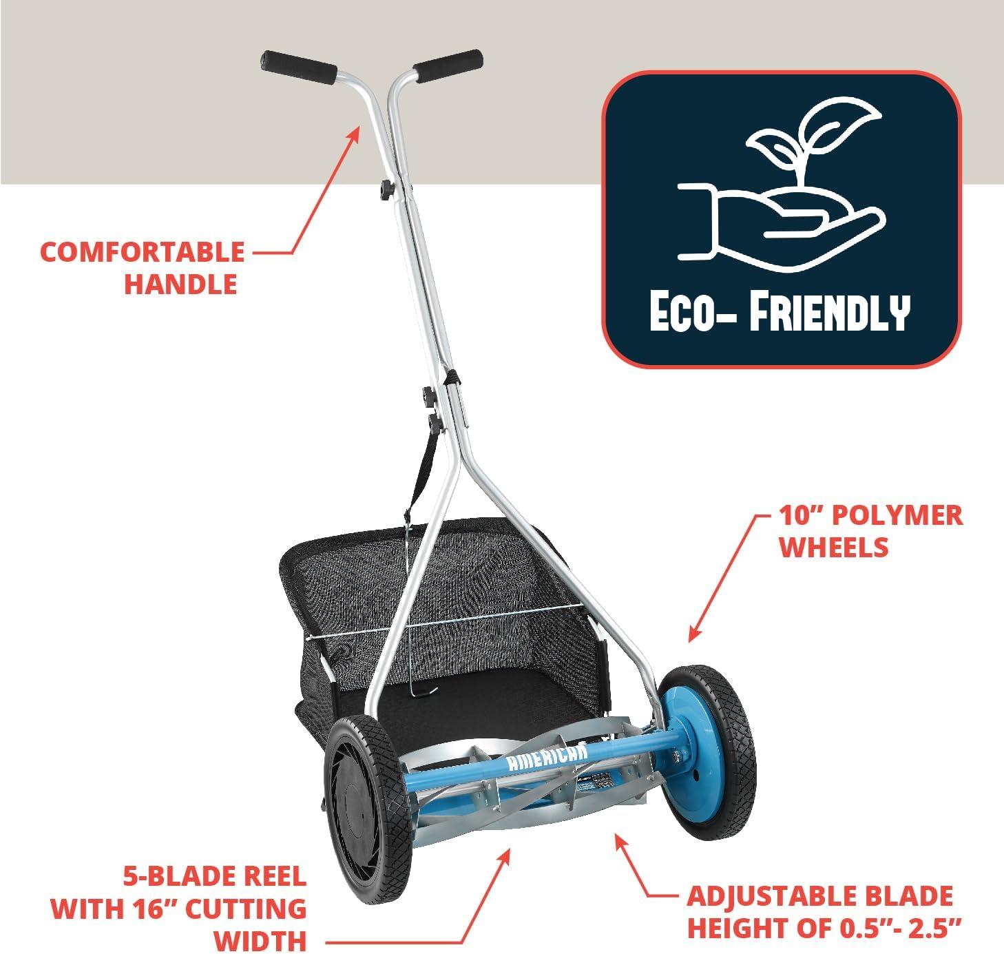 16 in. 5-Blade Manual Walk Behind Reel Lawn Mower, Grass Catcher Included