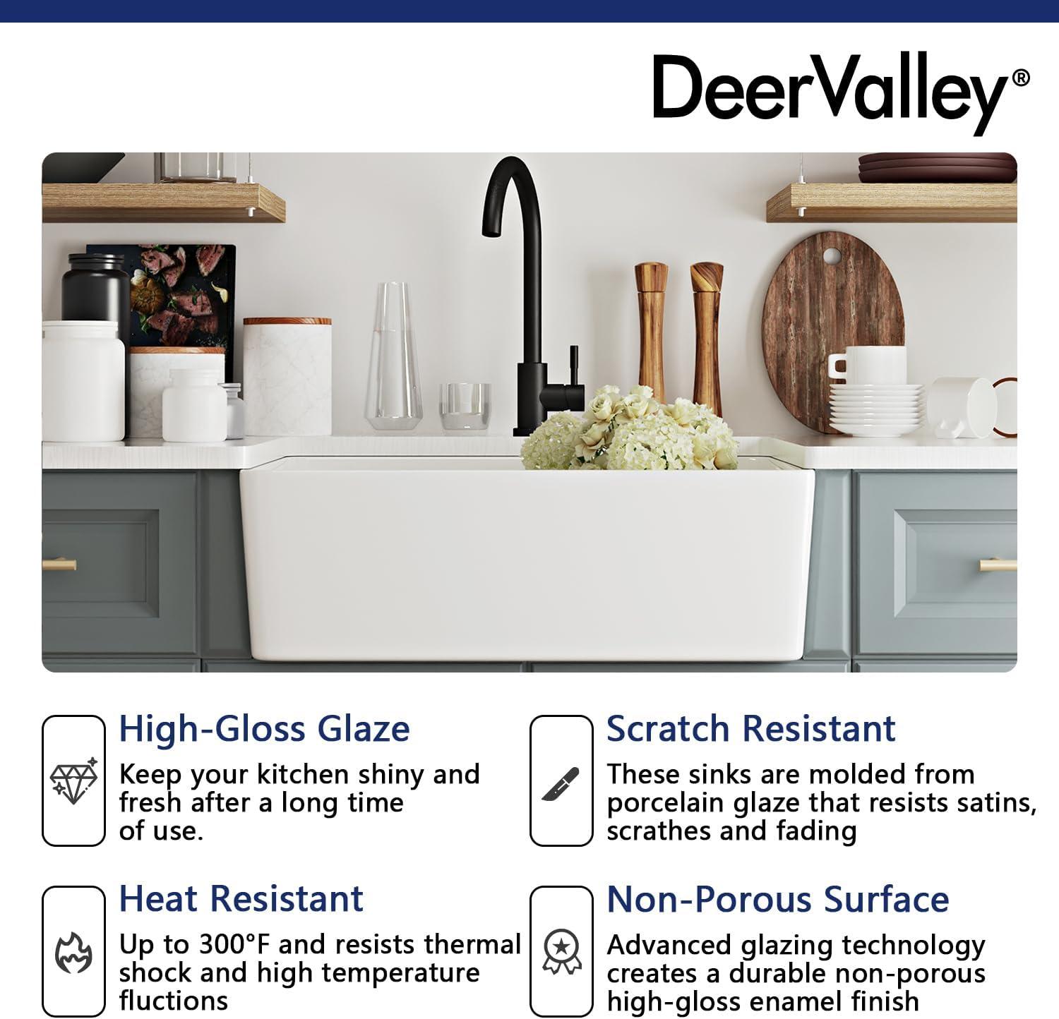 Deer Valley Fireclay Farmhouse Sink 24 Inch, White Undermount Kitchen Sink, Apron-Front Large Deep Single Bowl with Bottom Grid & Strainer