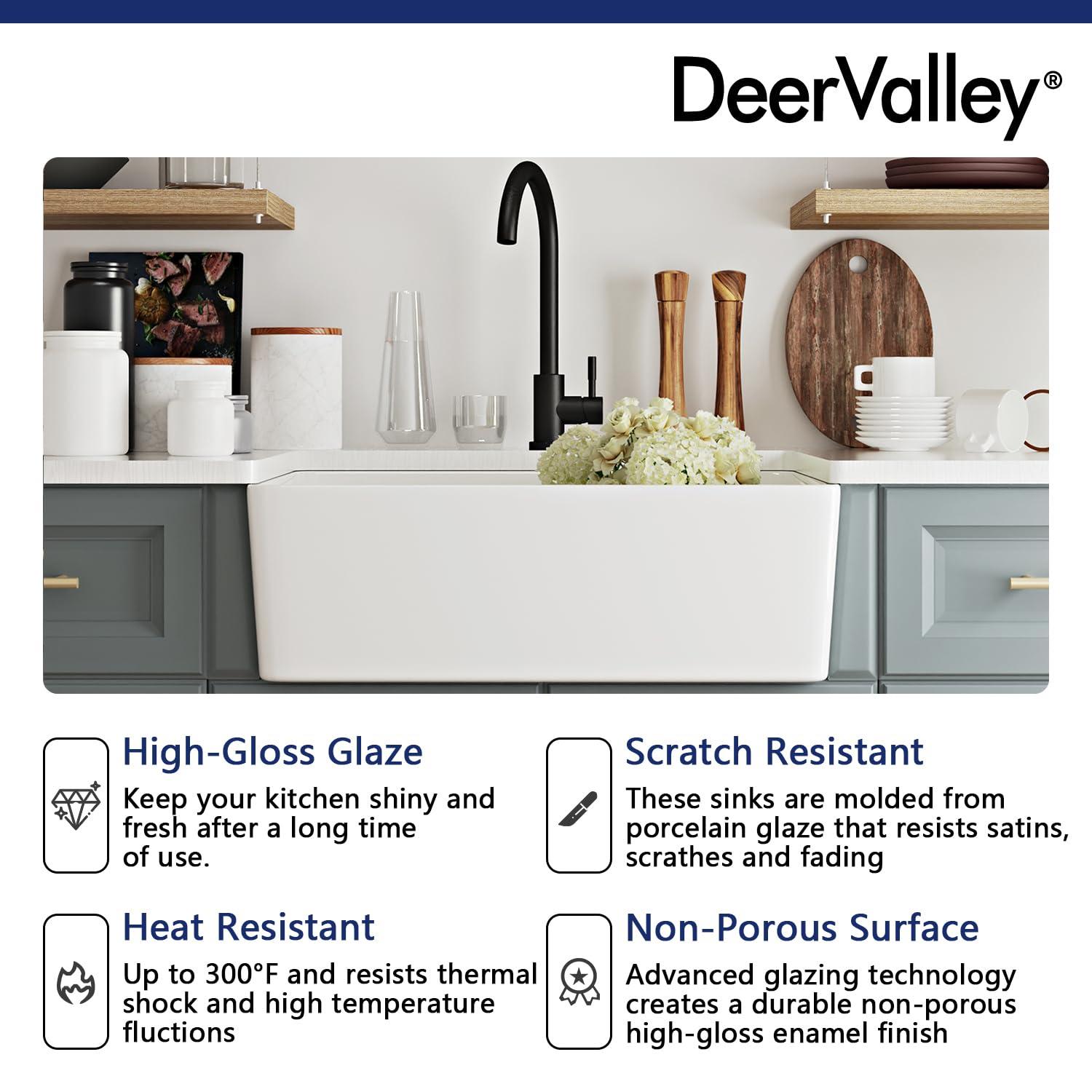 Deer Valley Fireclay Farmhouse Sink 24 Inch, White Undermount Kitchen Sink, Apron-Front Large Deep Single Bowl with Bottom Grid & Strainer