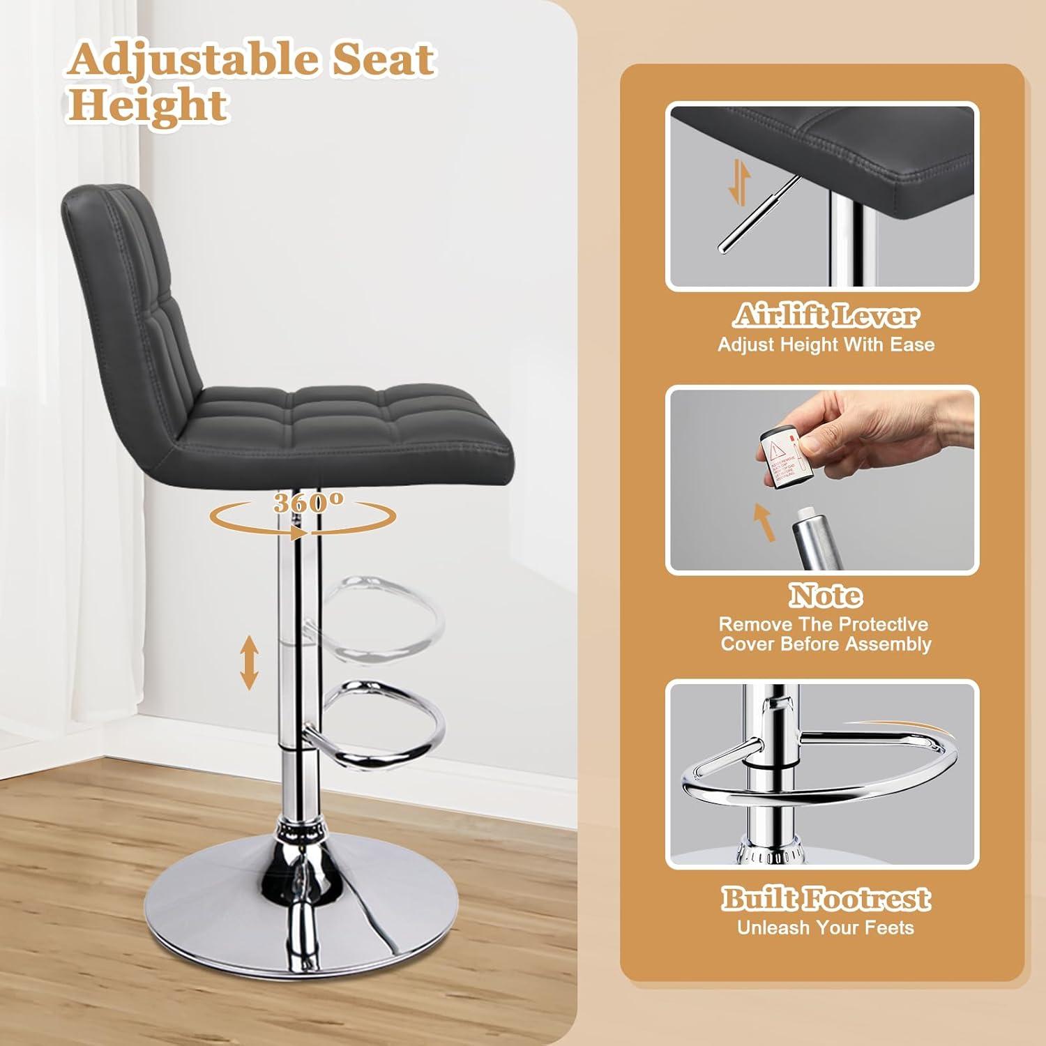 FDW Black Swivel Bar Stools PU Leather Padded with Back Height Adjustable Counter Stool Barstools Dining Chair,Set Of 2