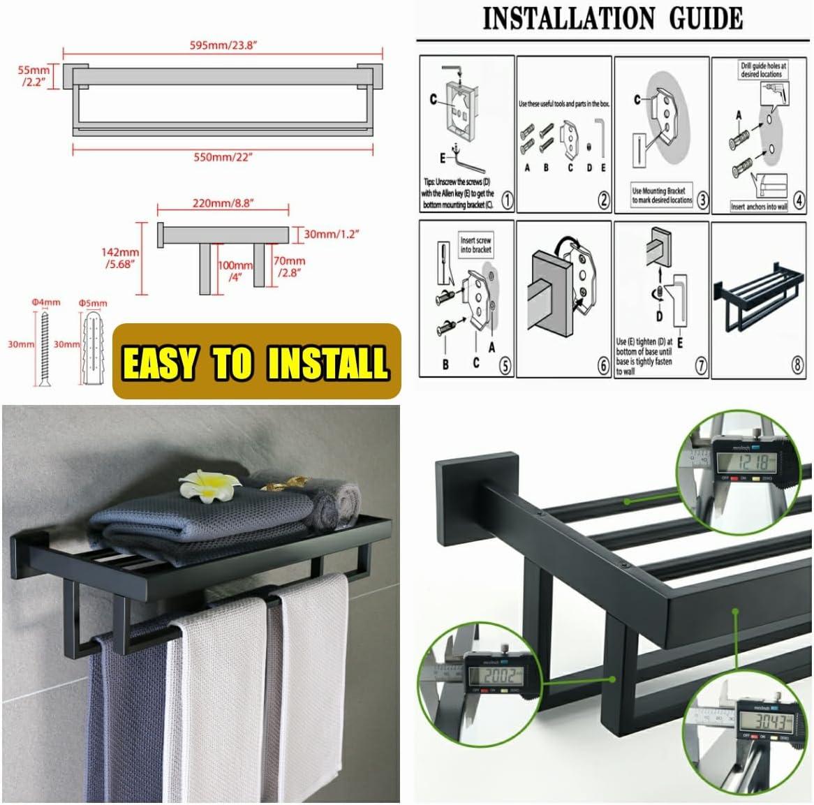 Alise Towel Rack with Double Towel Bar, 24 Inch Towel Racks for Bathroom, Modern Towel Holder for Bathroom Wall, SUS304 Stainless Steel Towel Shelf, Matte Black