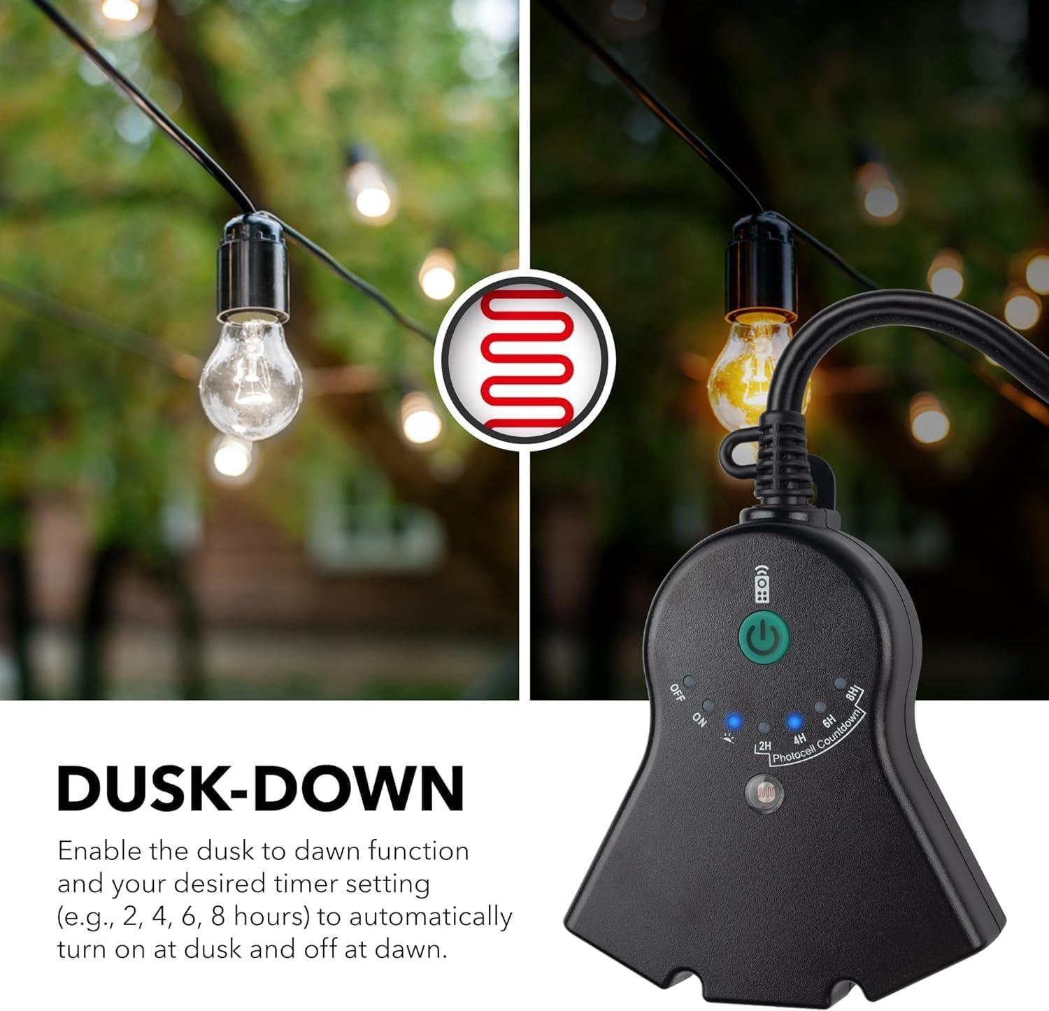 BN-LINK Outdoor 24-Hour Water Resistant Photoelectric Countdown Timer Photocell Light Sensor (2, 4, 6 or 8 Hours Countdown Mode) 3 Grounded Outlets Remote Control (100 ft Range) for Home and Garden