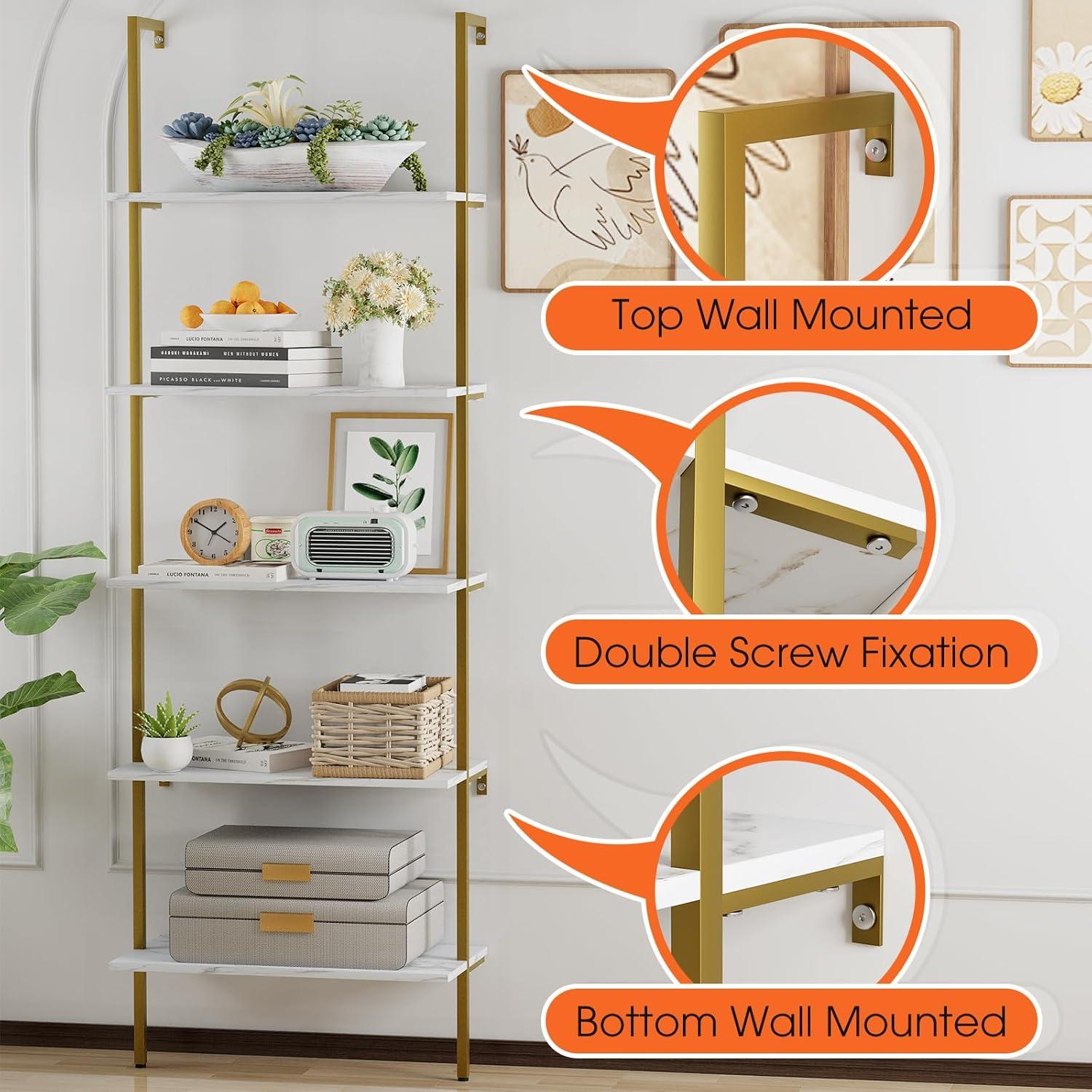 5 Tiers Ladder 2-Piece Shelf White Marble Modern Bookshelf Open Tall Wall Mount Bookcase Standing Leaning Wall Shelves Industrial Decorative