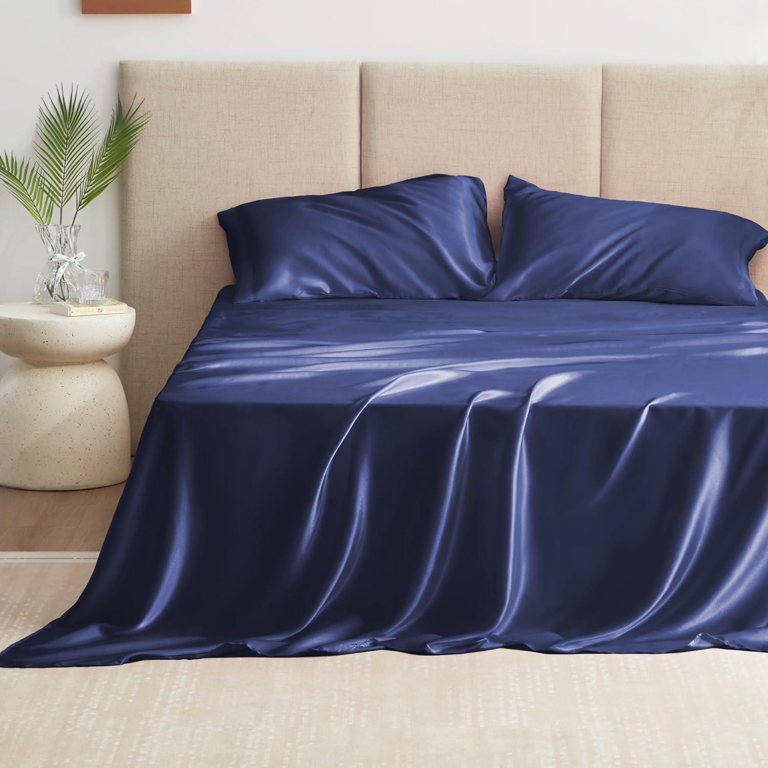 Satin Bed Sheets Full Size Sheet Sets, Navy Blue Silk Sheets, 4 - Pieces Soft Bedding Set with 1 Deep Pocket Fitted Sheet,1 Flat Sheet,2 Pillowcase