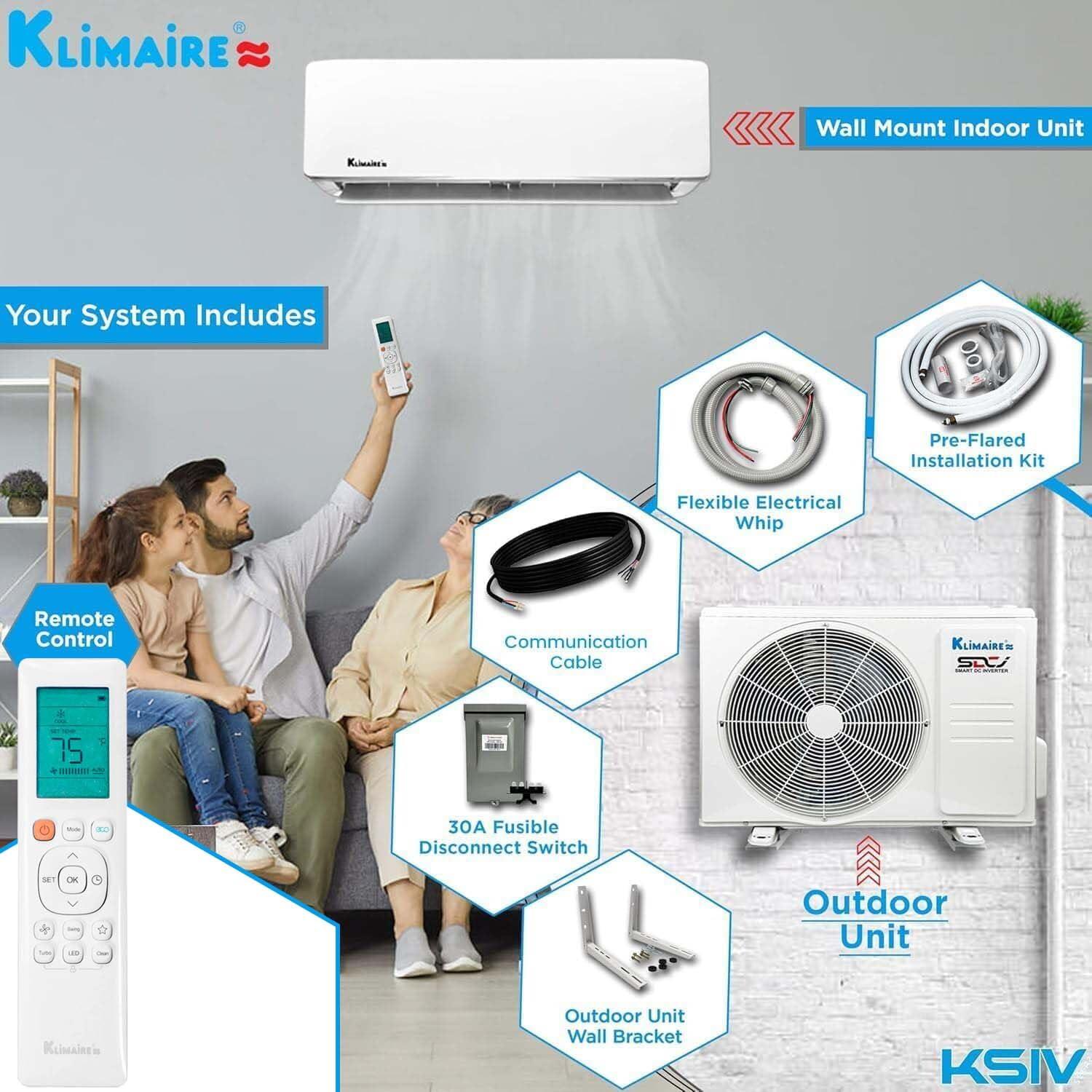Klimaire 36,000 BTU 17.5 SEER2 Wi-Fi-Enabled Ductless Mini-Split Heat Pump Air Conditioner with Installation Kit, Up to 2,400 Sq. Ft