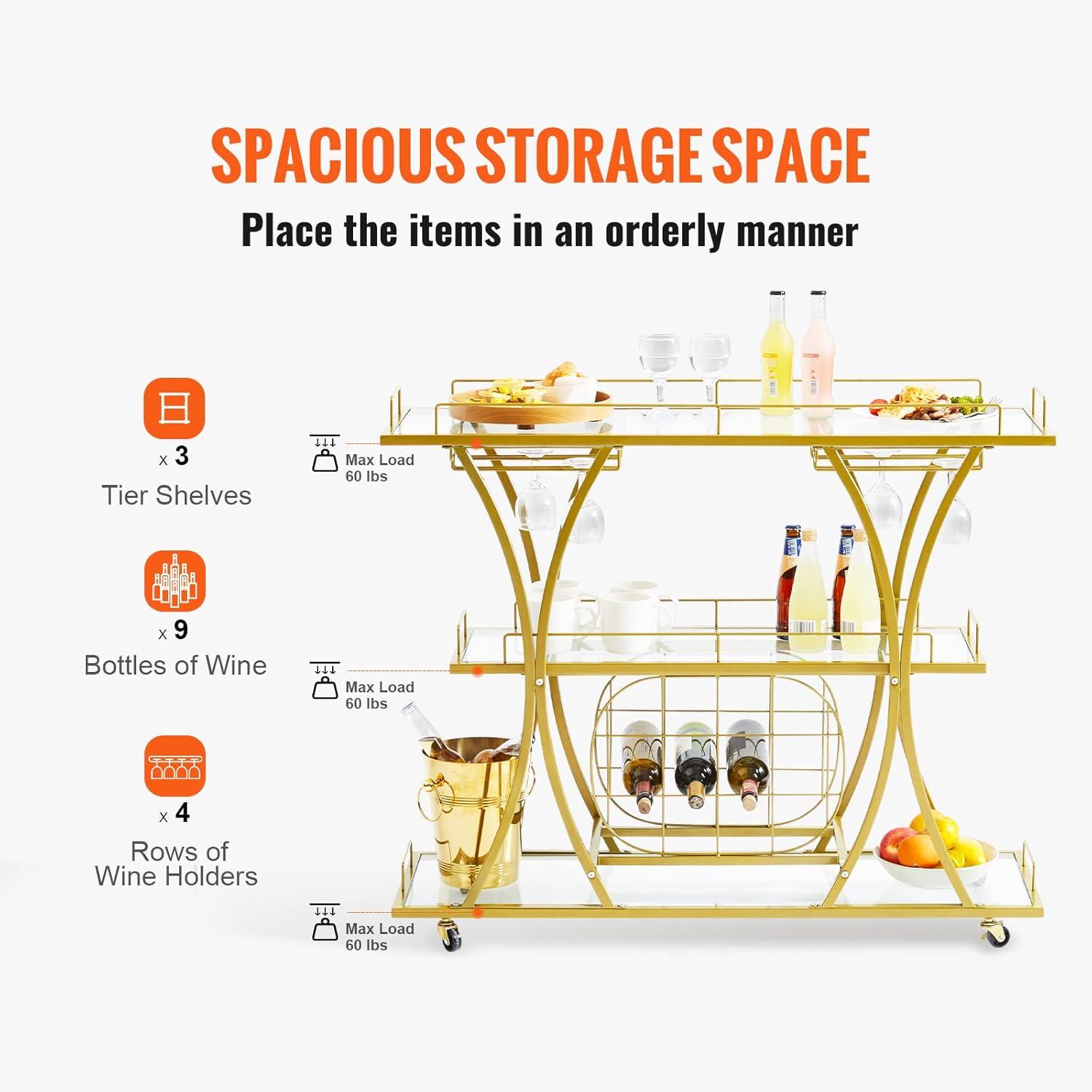 VEVOR Bar Cart Gold 3 Tiers Home Bar Serving Cart on Lockable Wheels with Tempered Glass Shelves Guardrail Wine Rack